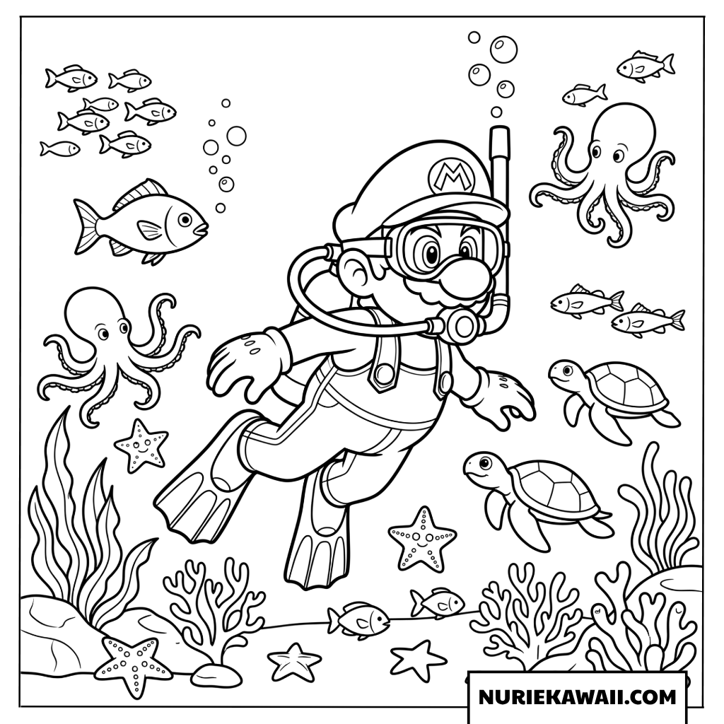 マリオの海中ダイビング塗り絵
