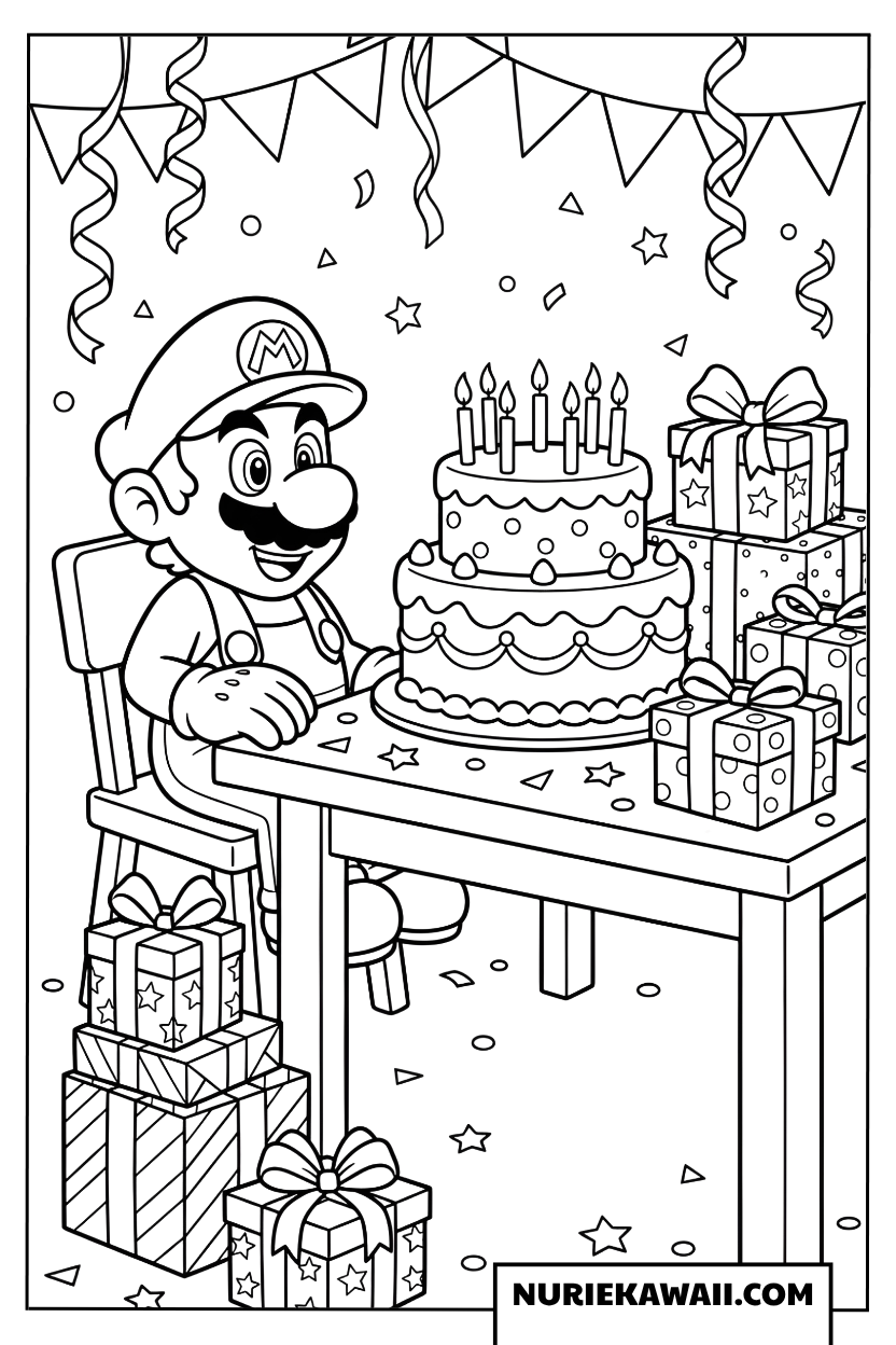 マリオの誕生日ケーキパーティー塗り絵