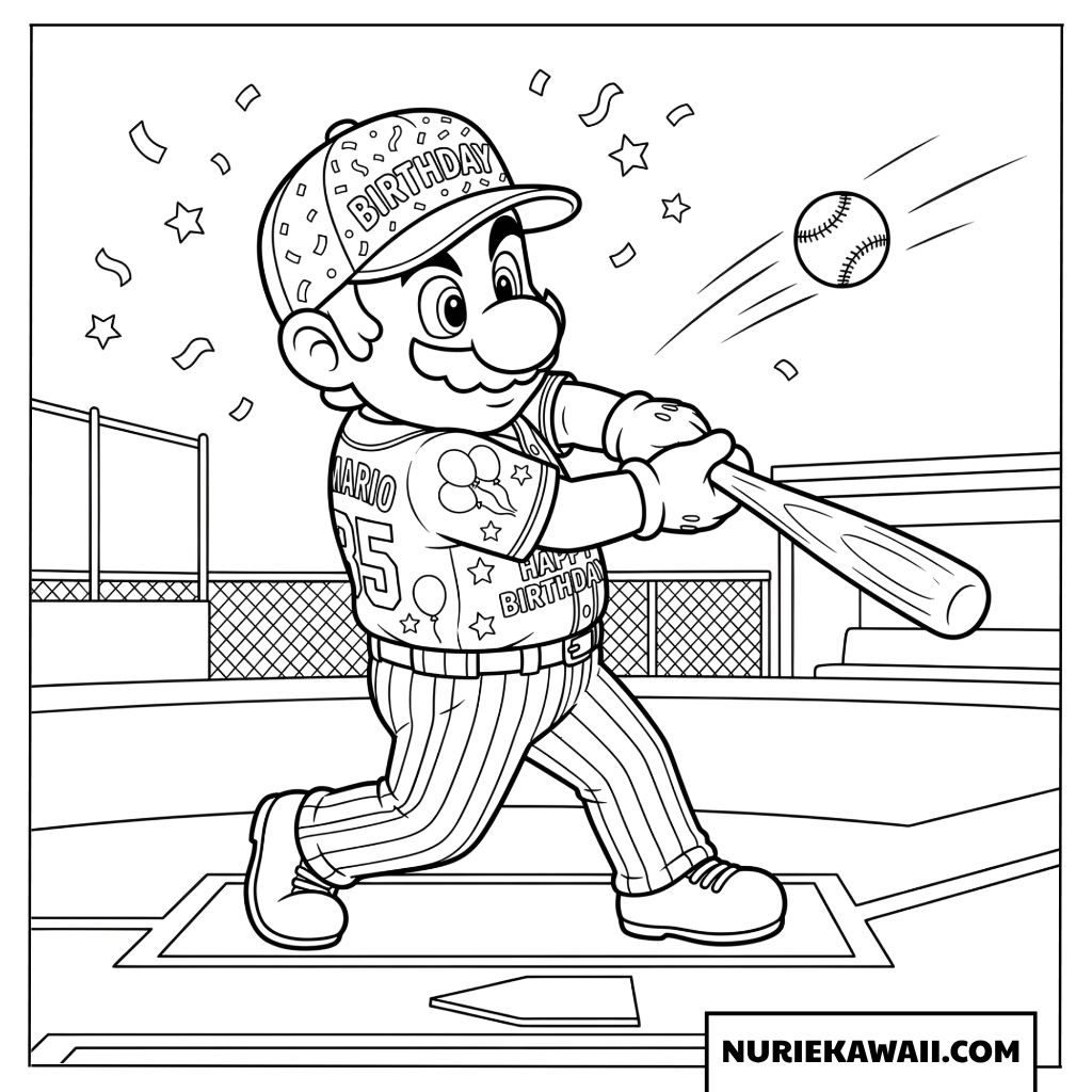 マリオの誕生日野球バッター塗り絵