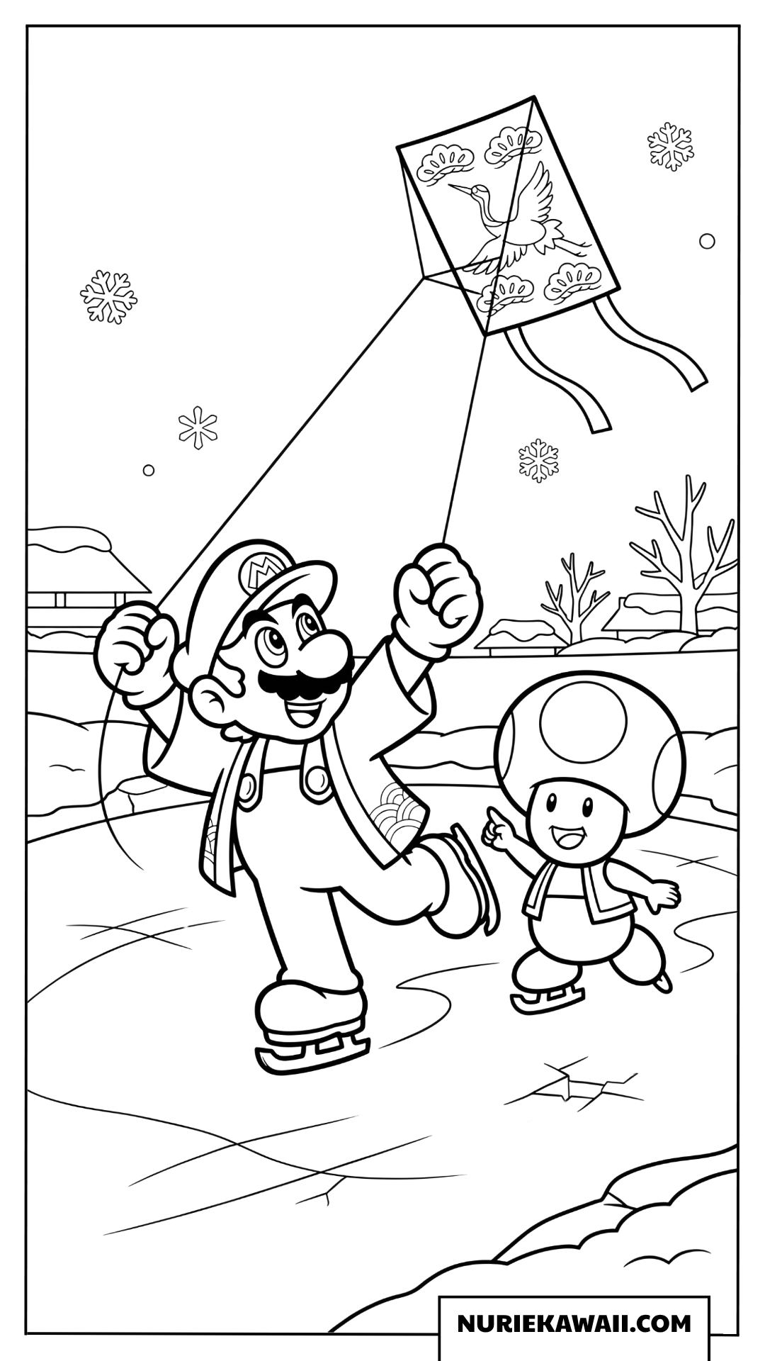 マリオ冬のたこあげスケート塗り絵
