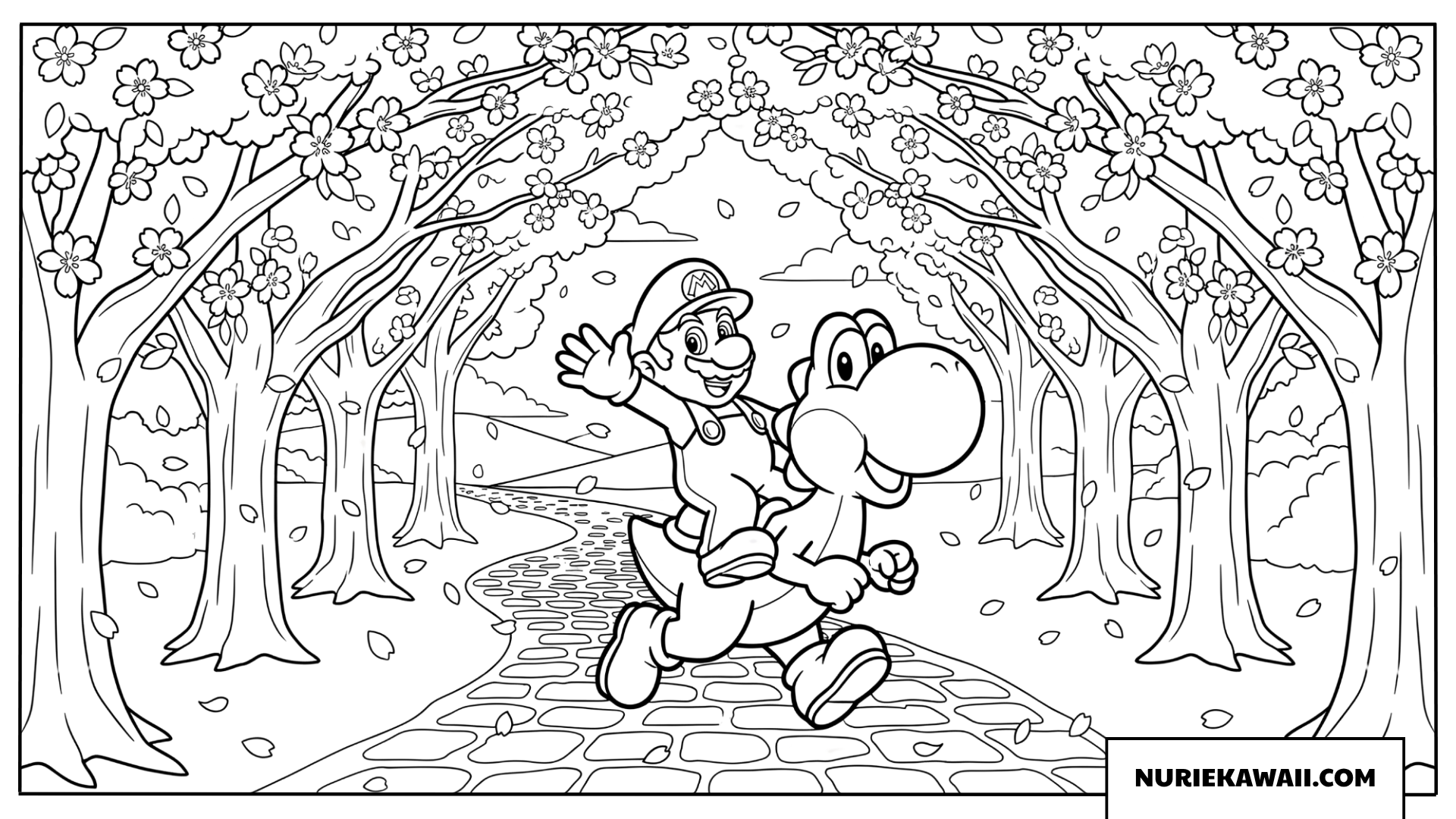 ヨッシーに乗るマリオ春の桜道塗り絵