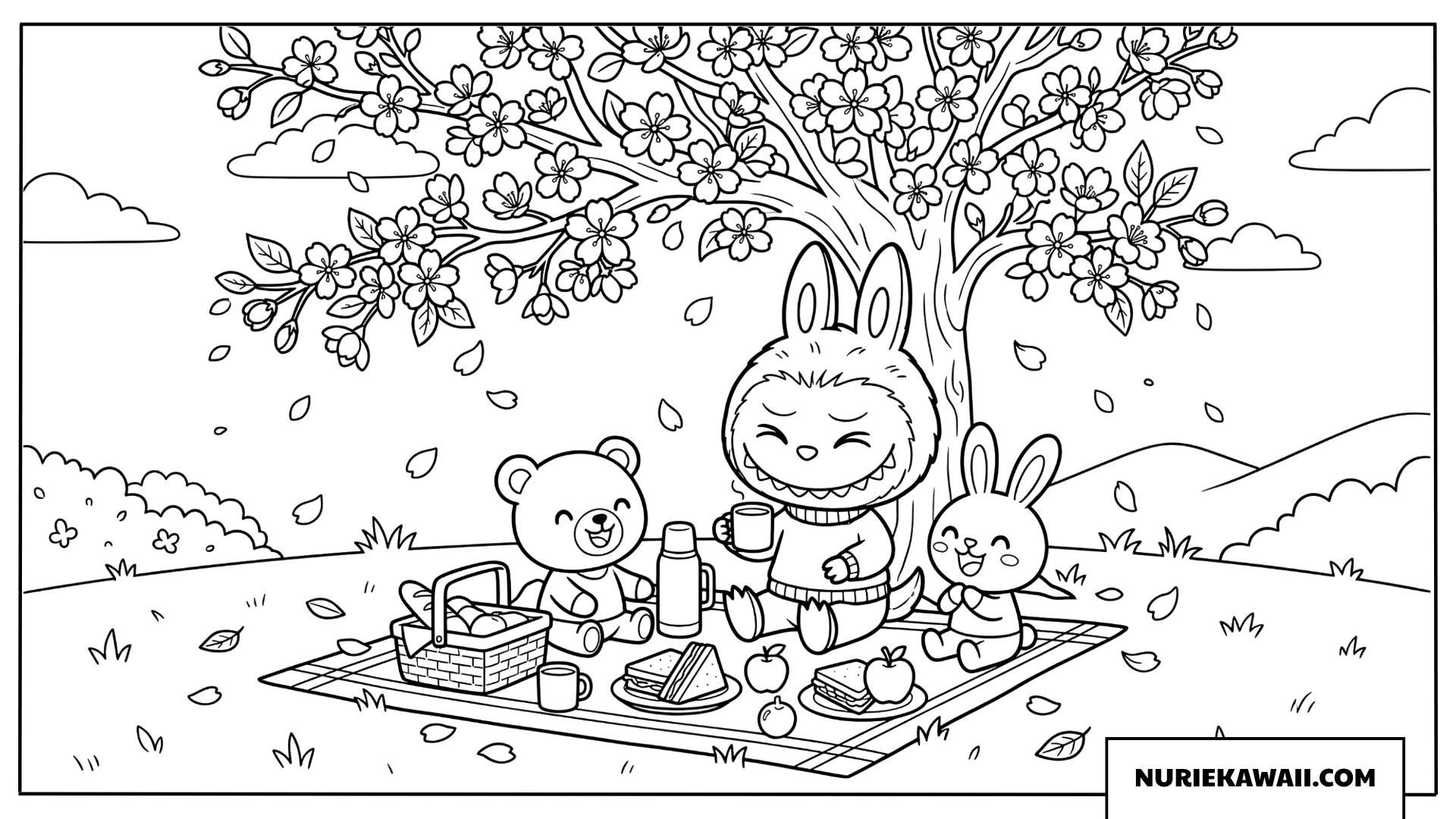 ラブブのお花見ピクニック塗り絵