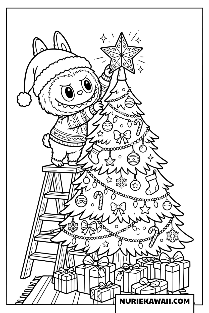 ラブブのクリスマスツリー飾り付け塗り絵