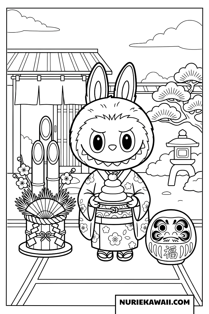 ラブブの和風お正月塗り絵