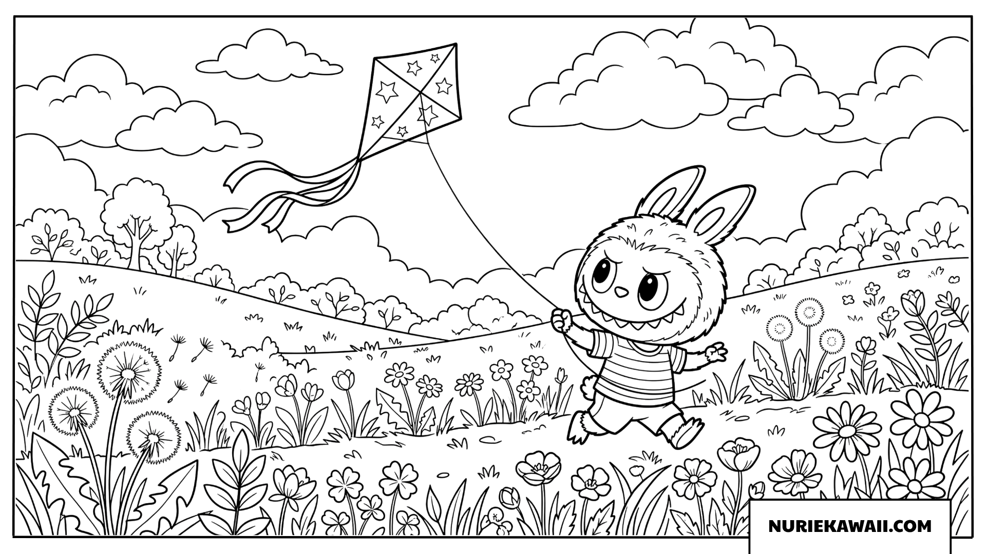 ラブブの春の凧揚げ塗り絵