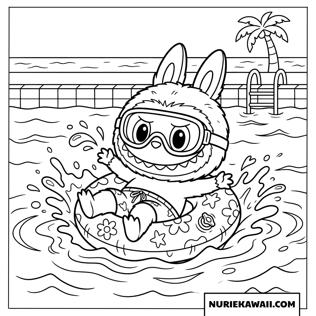 ラブブの花柄浮き輪プール塗り絵
