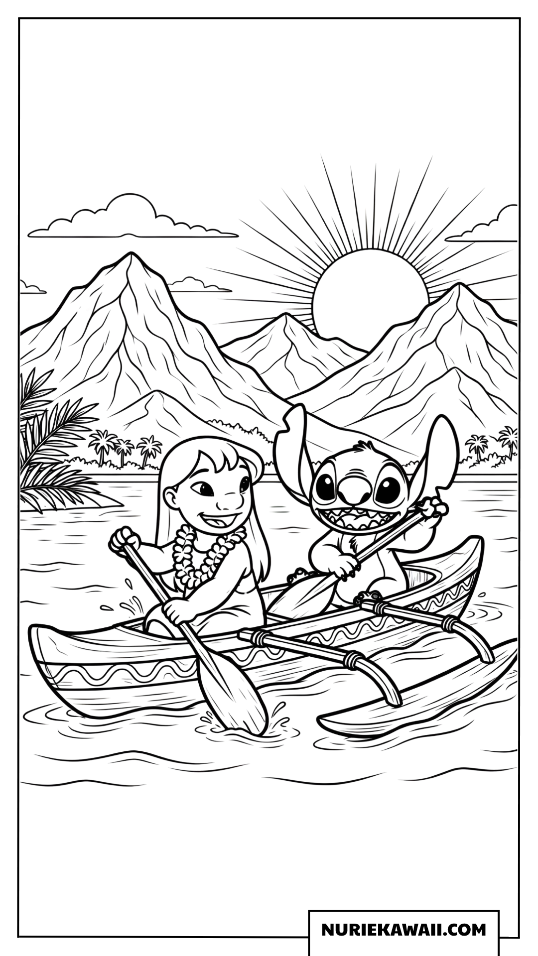 リロとスティッチ 山と湖のボート 塗り絵
