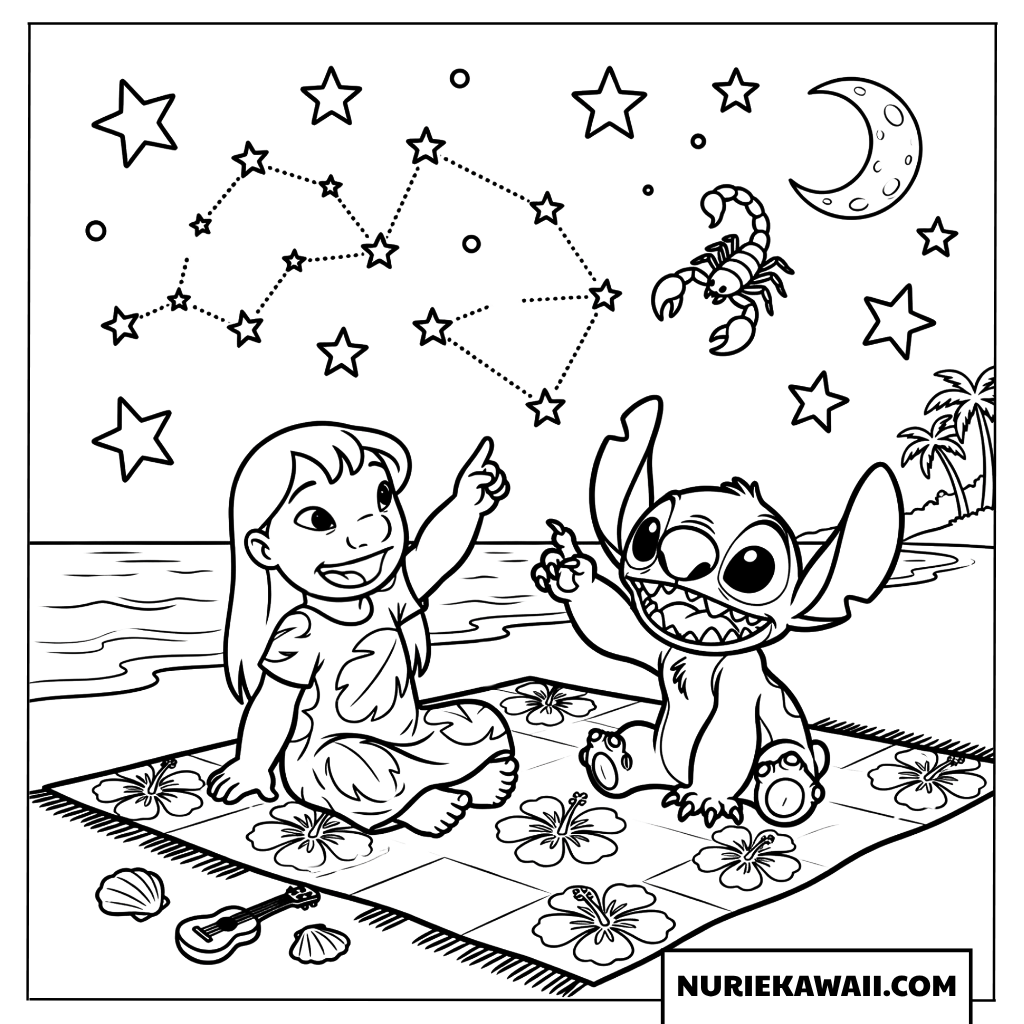リロとスティッチ 星空観察ビーチ 塗り絵
