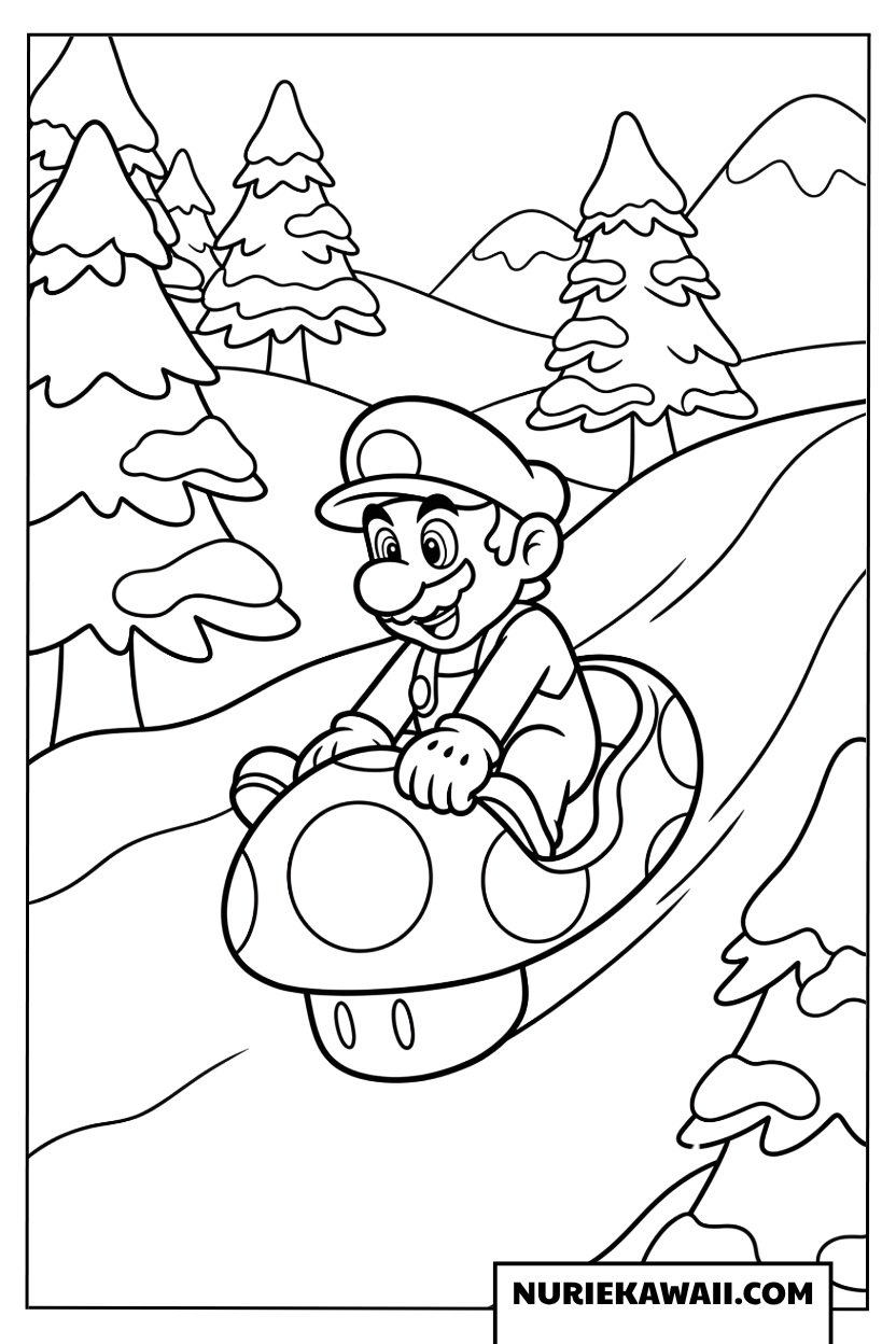 ルイージの雪山そり遊び塗り絵
