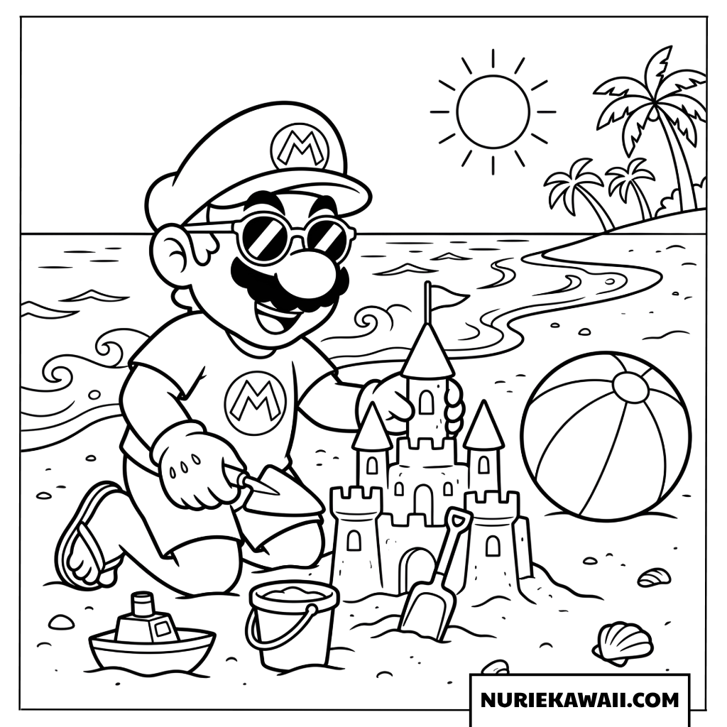 夏のビーチ マリオ 塗り絵