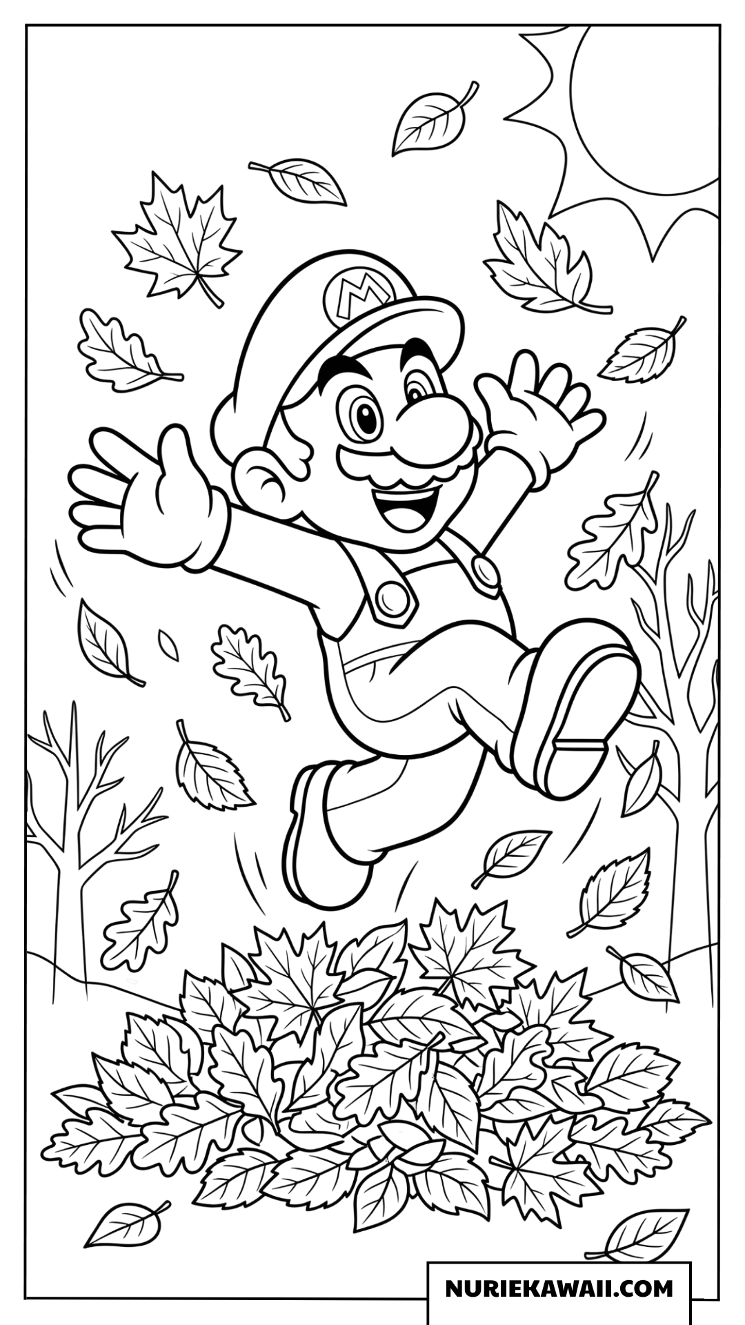 落ち葉で遊ぶマリオ塗り絵