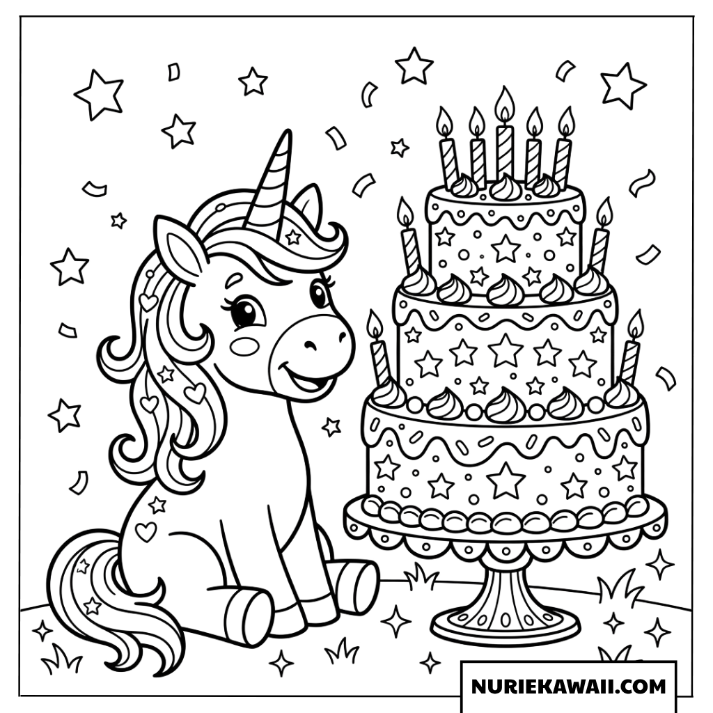 3段のバースデーケーキと小さなユニコーンの塗り絵