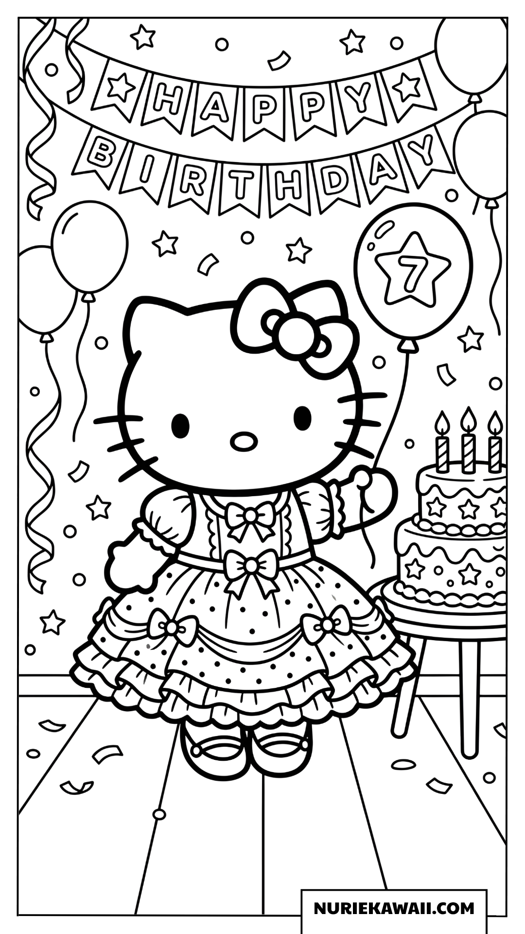 7歳のお誕生日をお祝いするハローキティの塗り絵