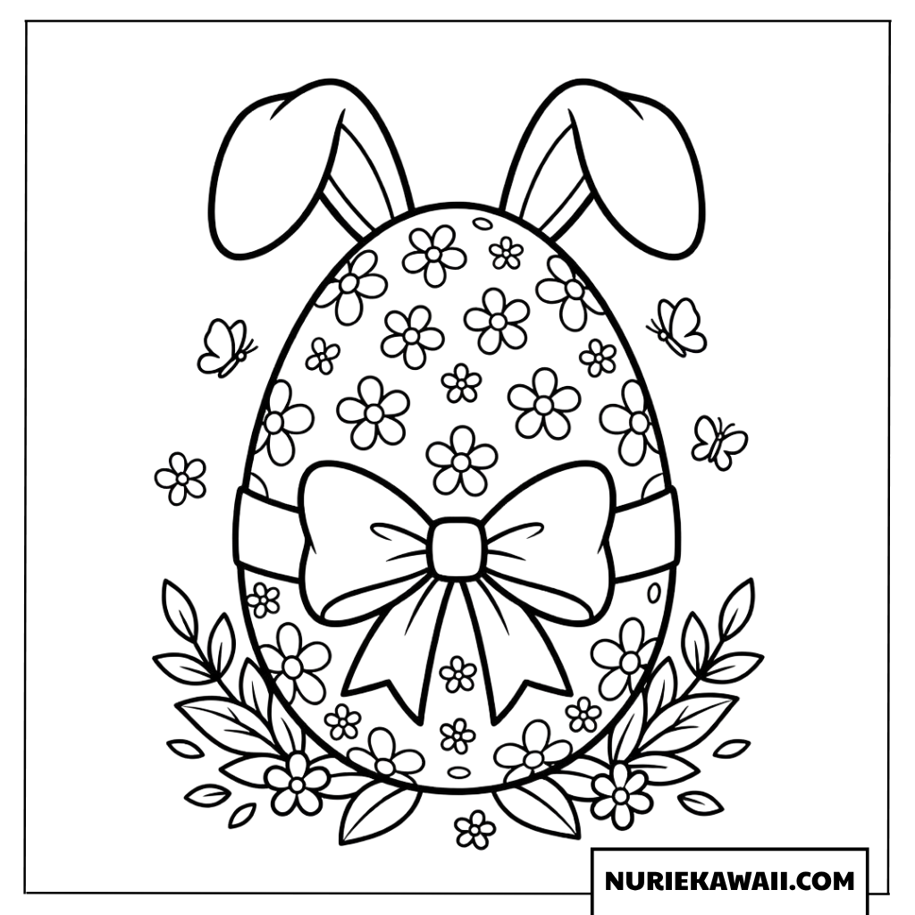 うさぎの耳と大きなリボンがついたイースターエッグの塗り絵