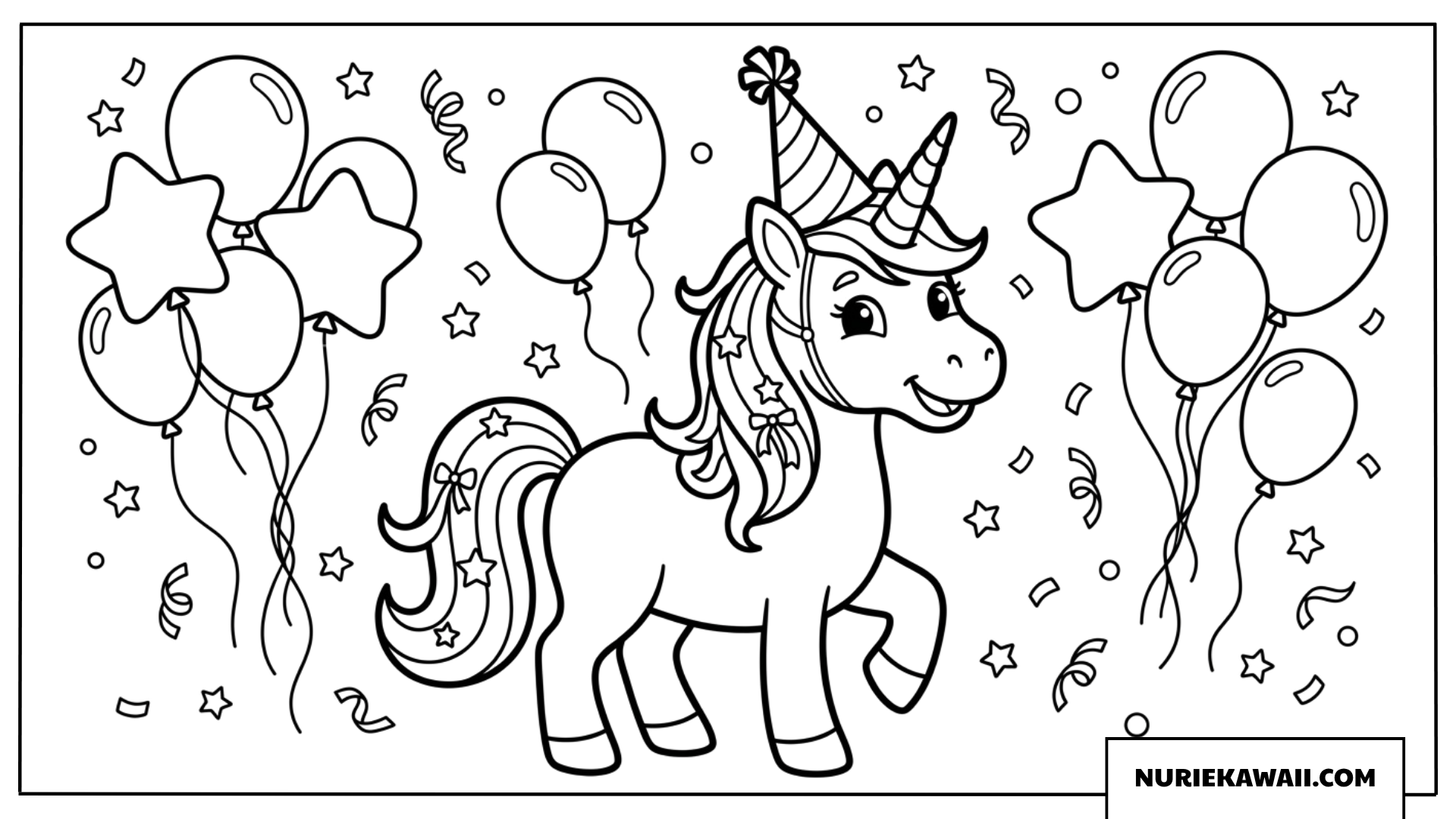 おめかし星飾りと風船いっぱいでお散歩ユニコーンの塗り絵