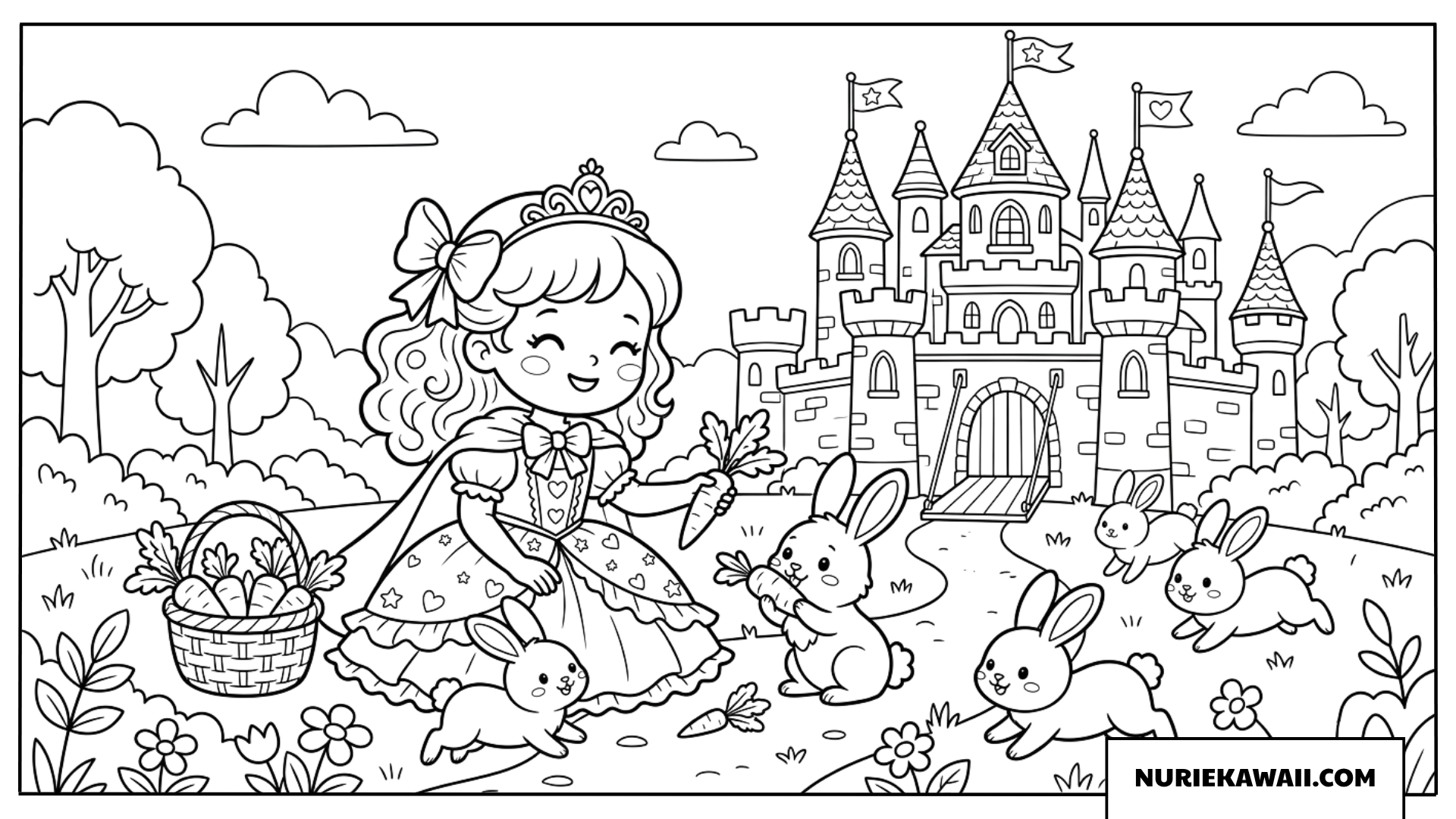 お城の前でウサギにニンジンをあげる可愛いプリンセスの塗り絵