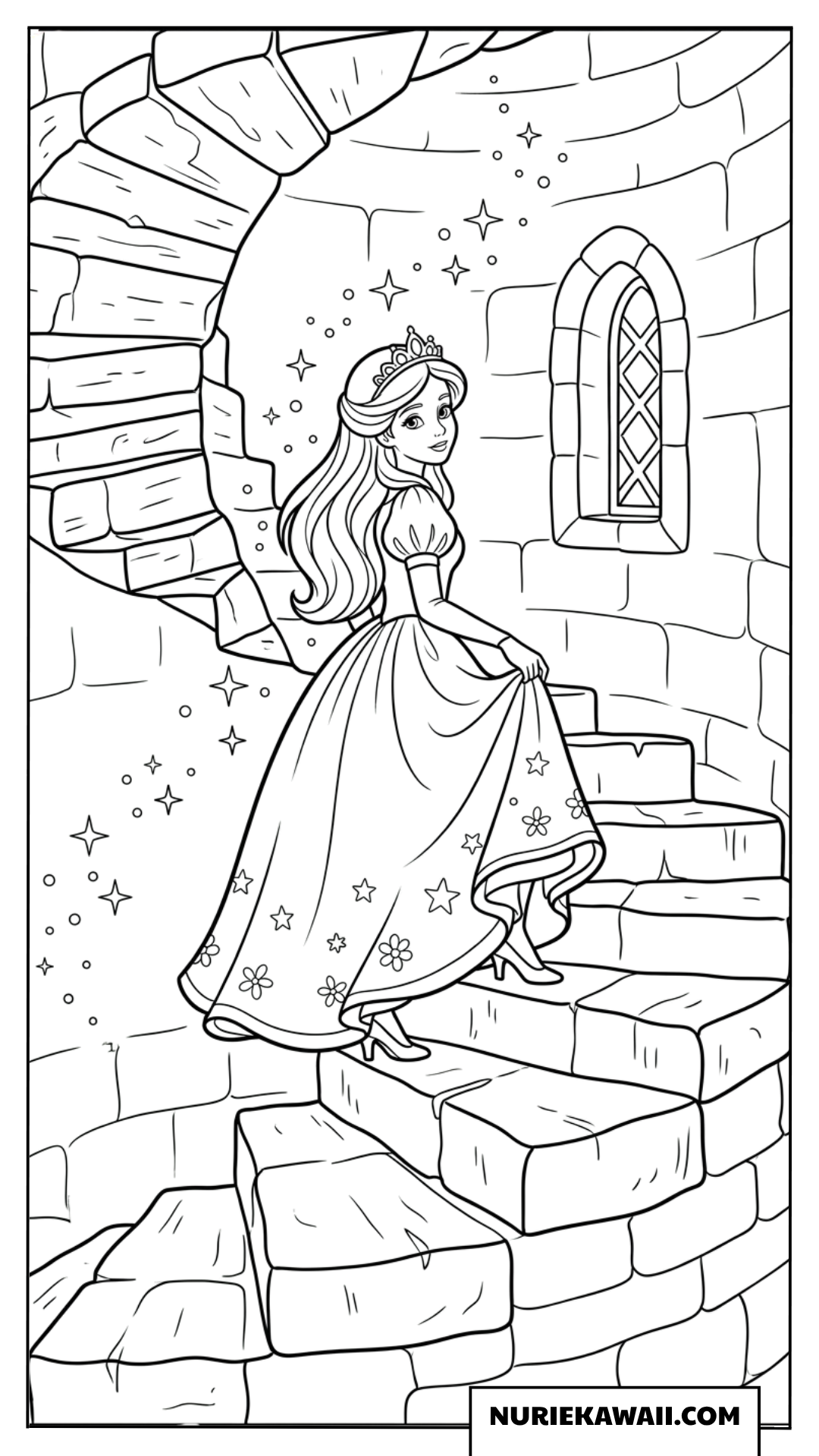お城の塔にあるきらめく螺旋階段を上る美しいプリンセスの塗り絵