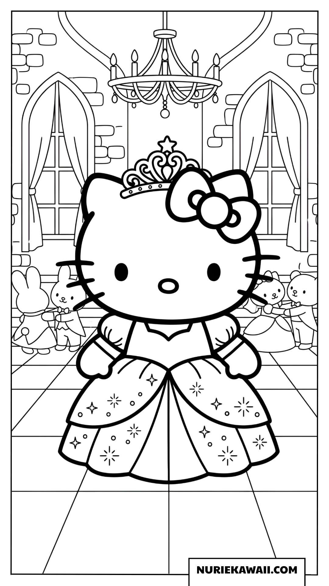 お城の舞踏会で輝くプリンセスハローキティの塗り絵