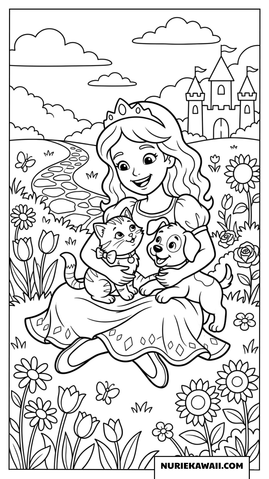 お城の近くの花園で可愛い子猫と子犬を抱きしめるプリンセスの塗り絵