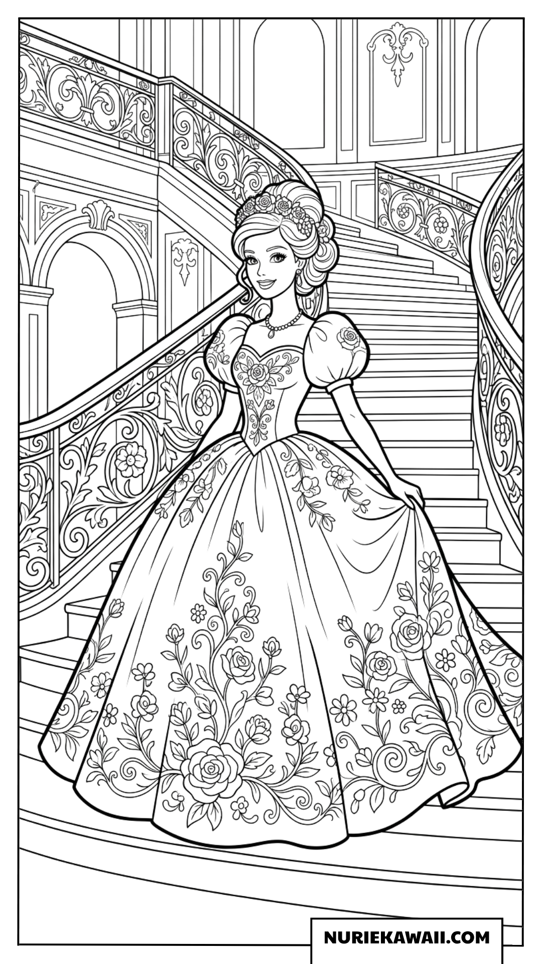 お城の階段と薔薇ドレスのバービー姫の塗り絵