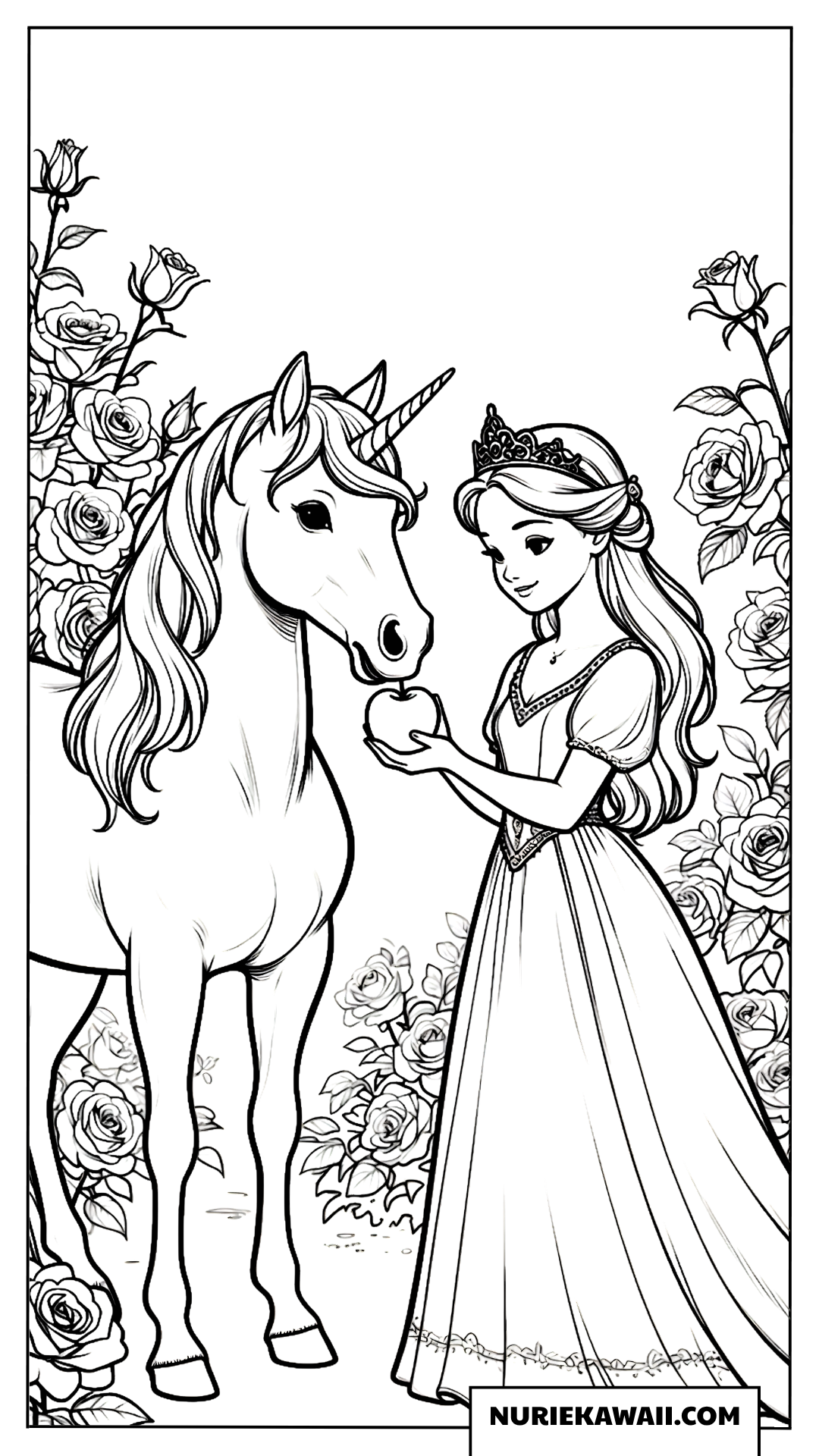 お姫様からリンゴをもらうユニコーンの塗り絵