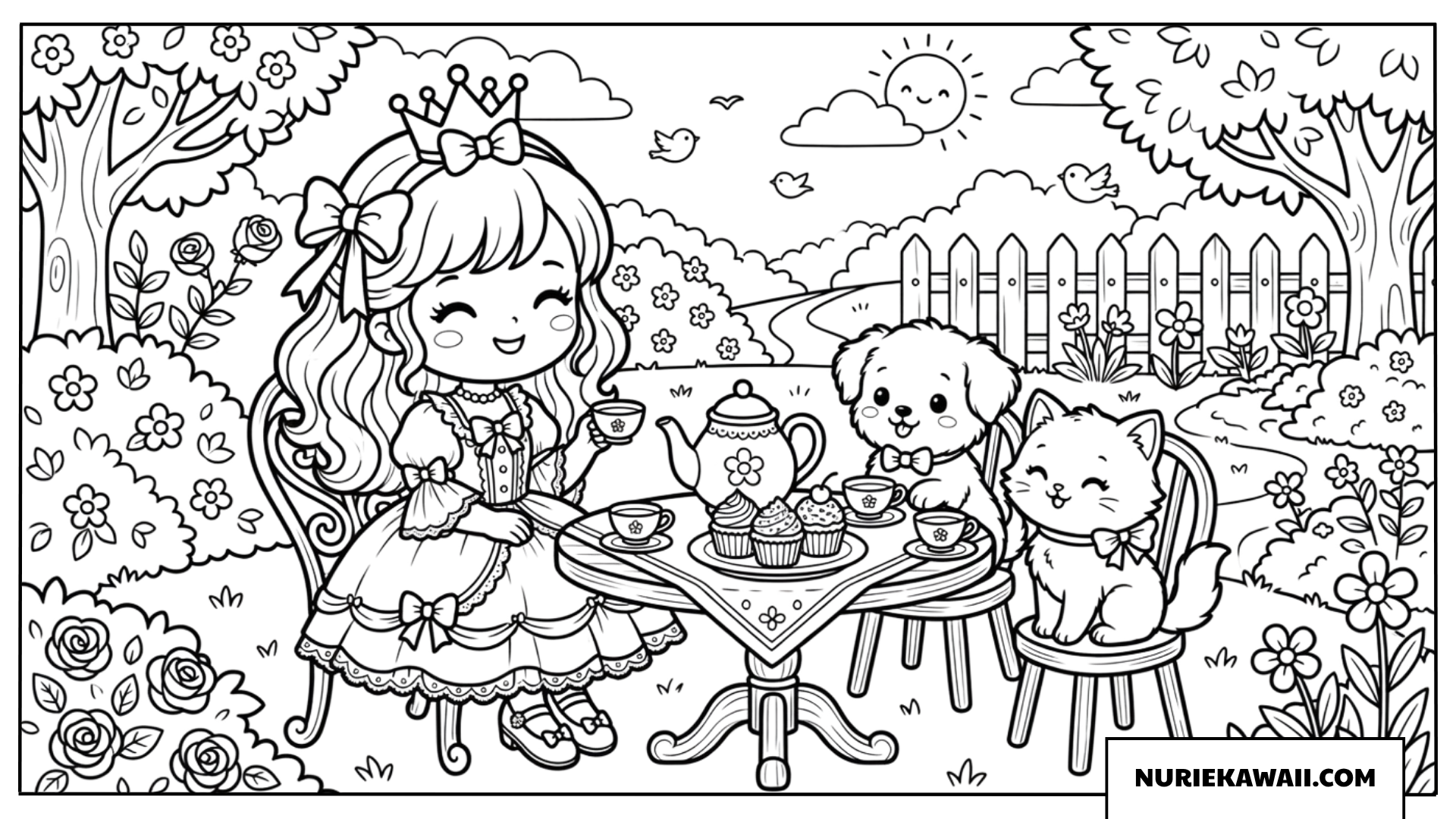 お庭で犬や猫のペットと一緒にティータイムを楽しむプリンセスの塗り絵