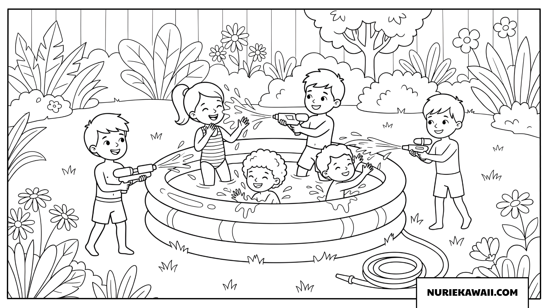 お庭のビニールプールで水鉄砲遊びをする子供たちの塗り絵