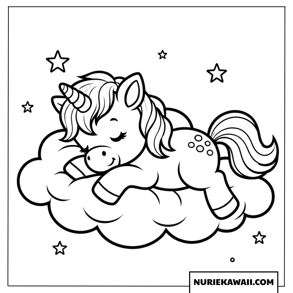 お月様と雲の上で眠るユニコーンの塗り絵