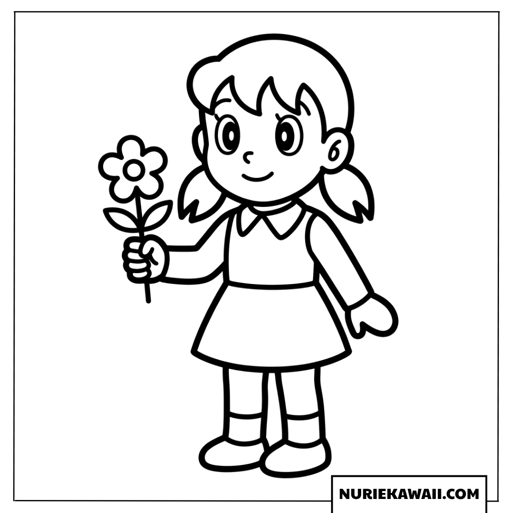 お花を持つしずかちゃんの塗り絵