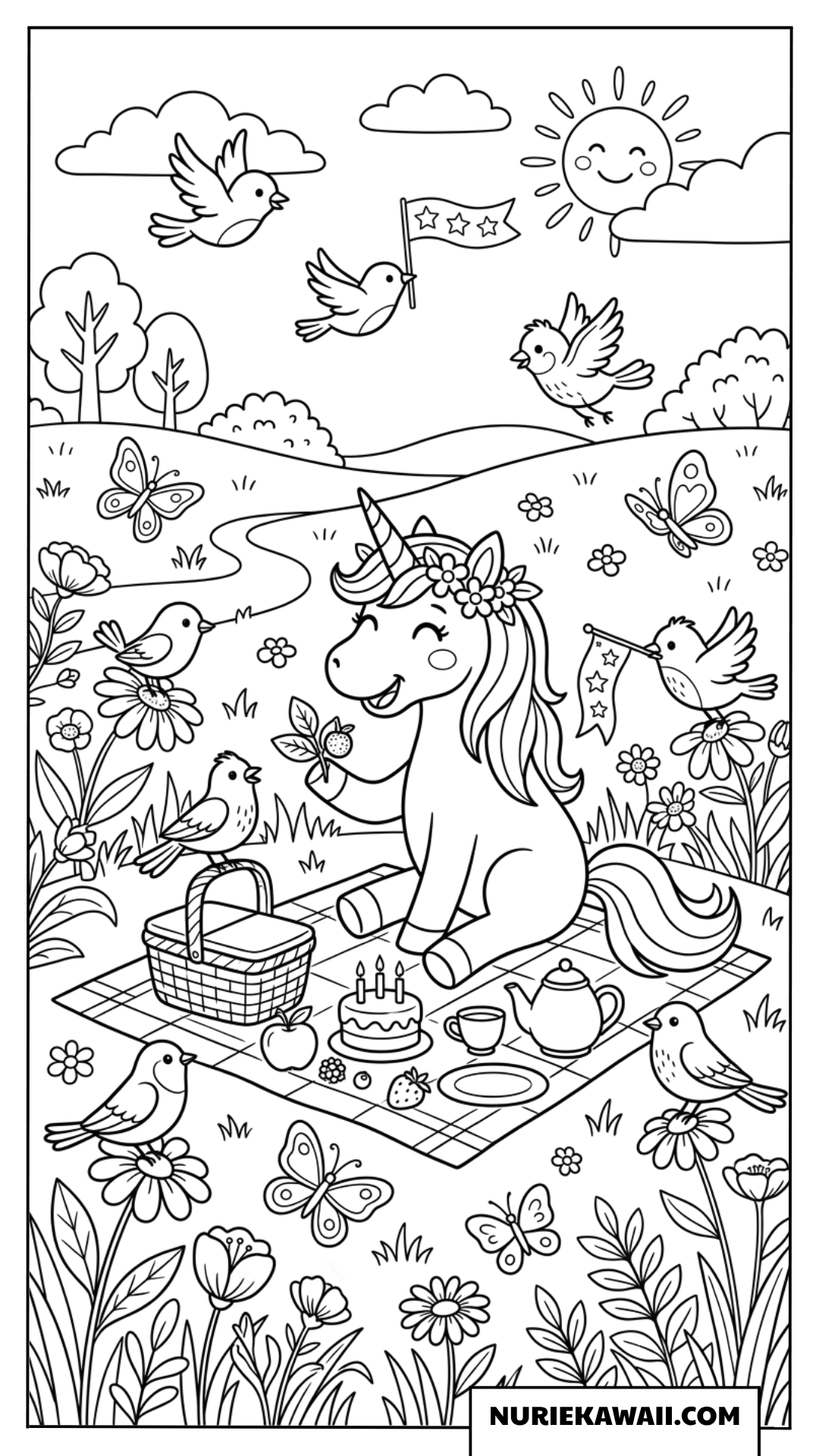 お花畑でピクニックするユニコーン塗り絵