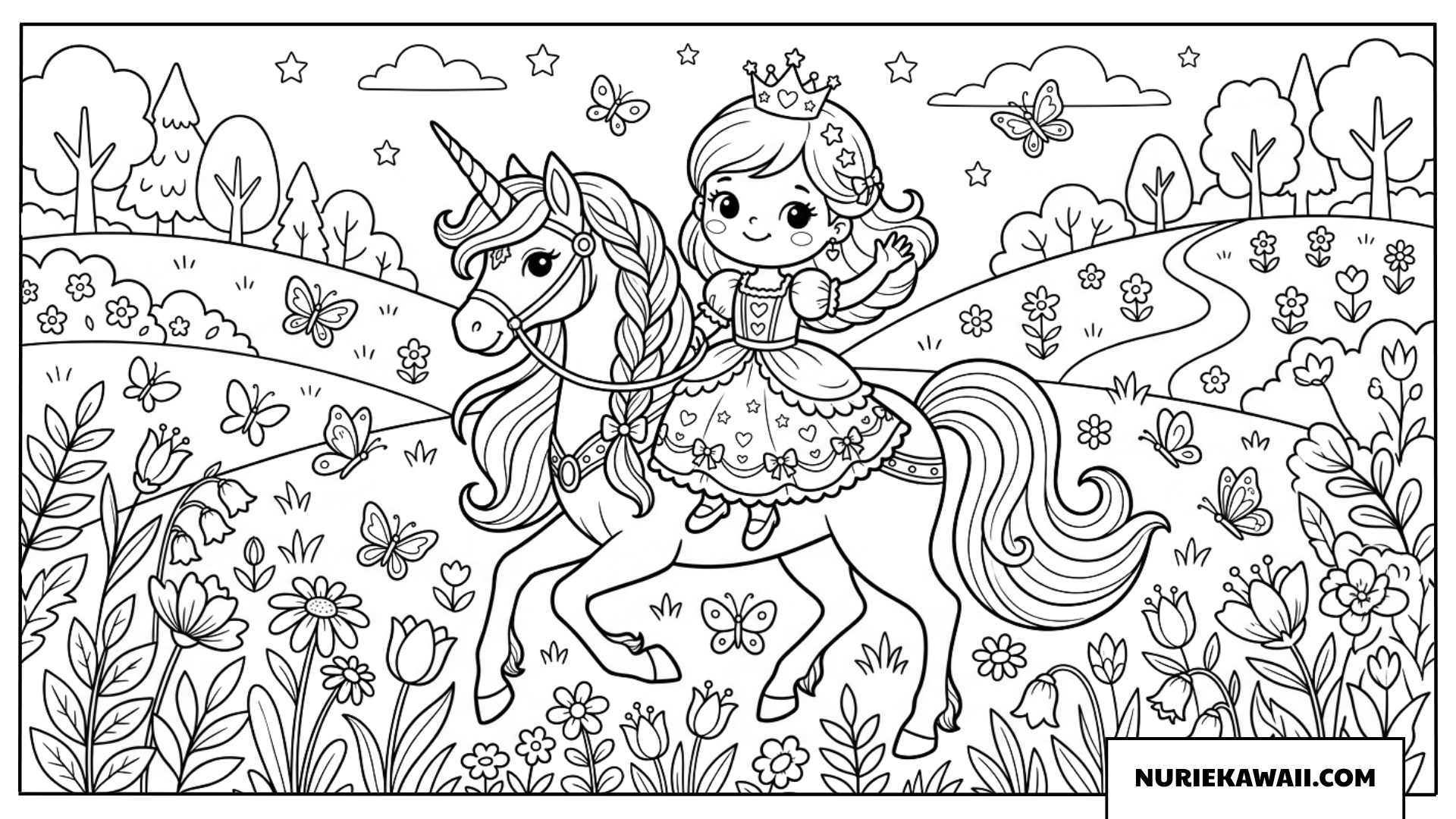 お花畑でユニコーンに乗って楽しそうに遊ぶプリンセスの塗り絵