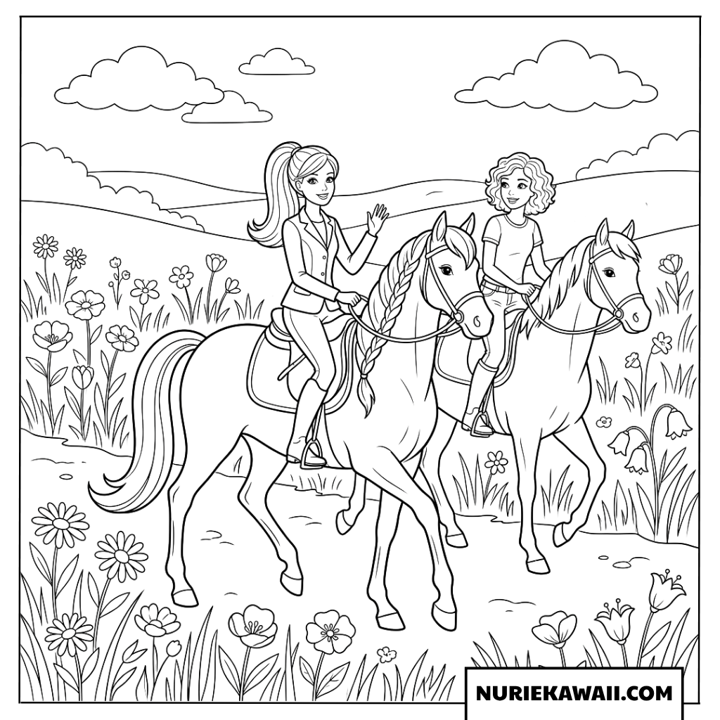 お花畑で乗馬を楽しむバービーと友達の塗り絵