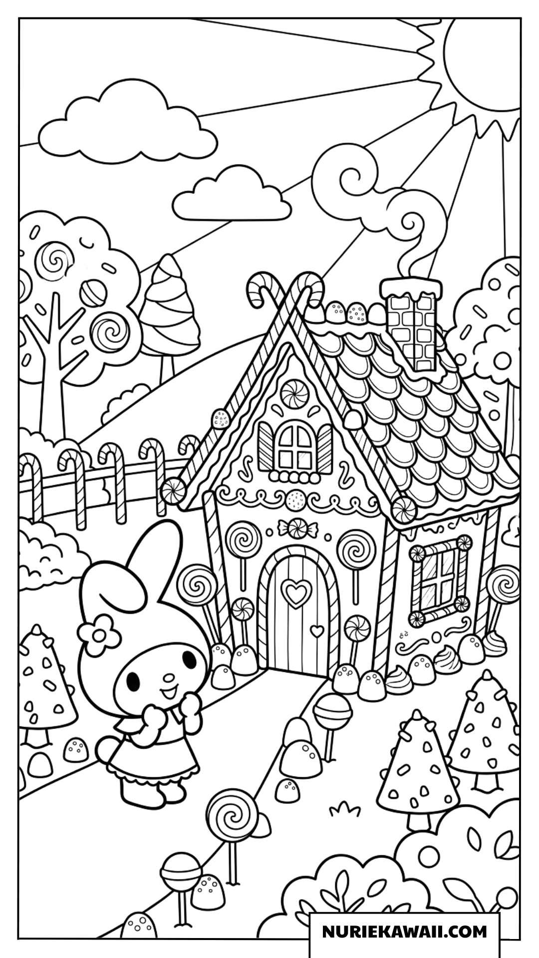 お菓子でできた魔法の家を訪れるマイメロディの塗り絵