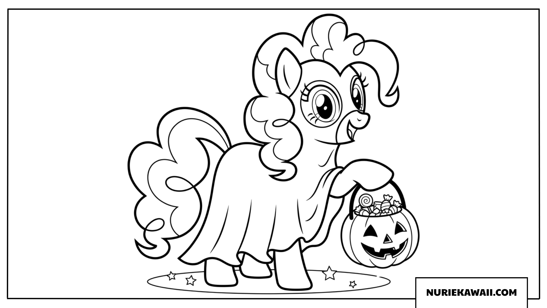 お菓子カボチャを持つおばけ姿のピンキーパイの塗り絵