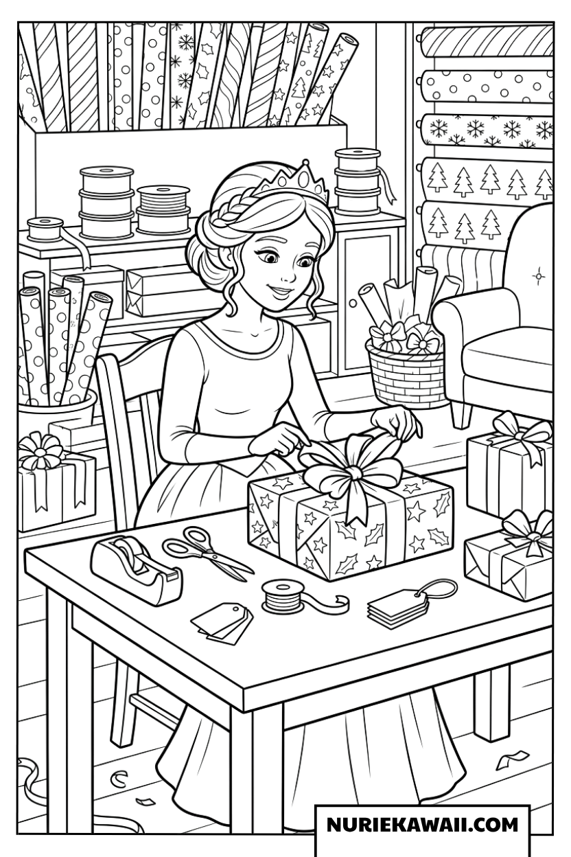 たくさんのラッピングペーパーに囲まれてクリスマスのプレゼントを包む姫の塗り絵
