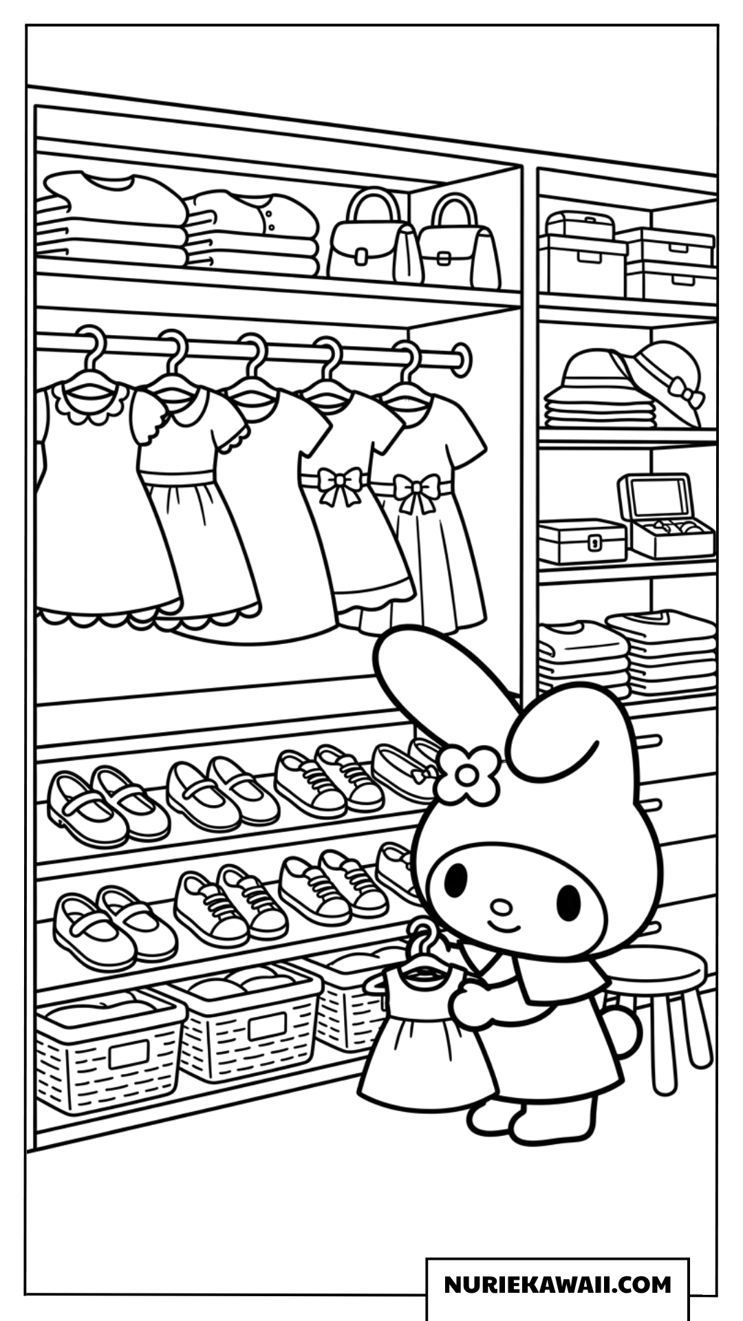 たくさんの洋服や靴が並ぶクローゼットとマイメロディの塗り絵