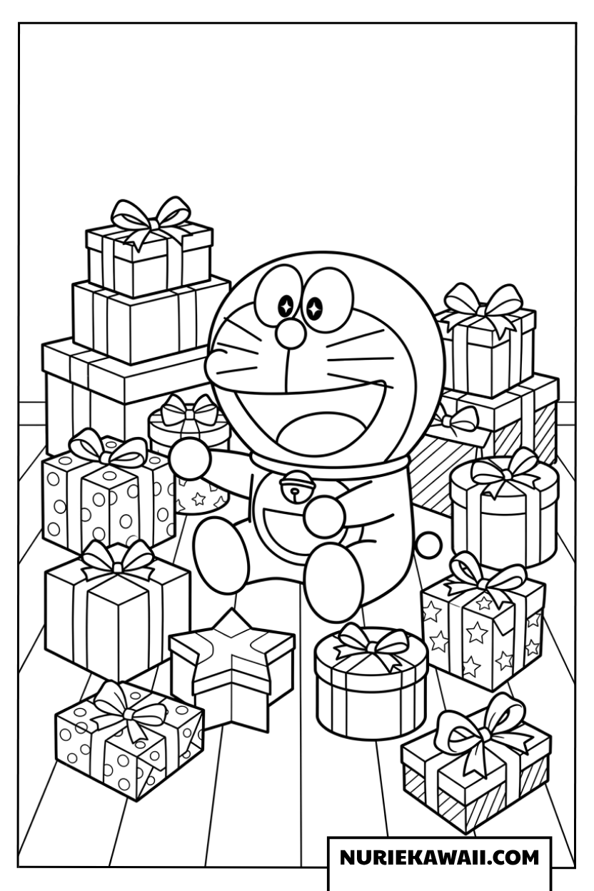 たくさんの誕生日プレゼントに囲まれて幸せなドラえもんの塗り絵