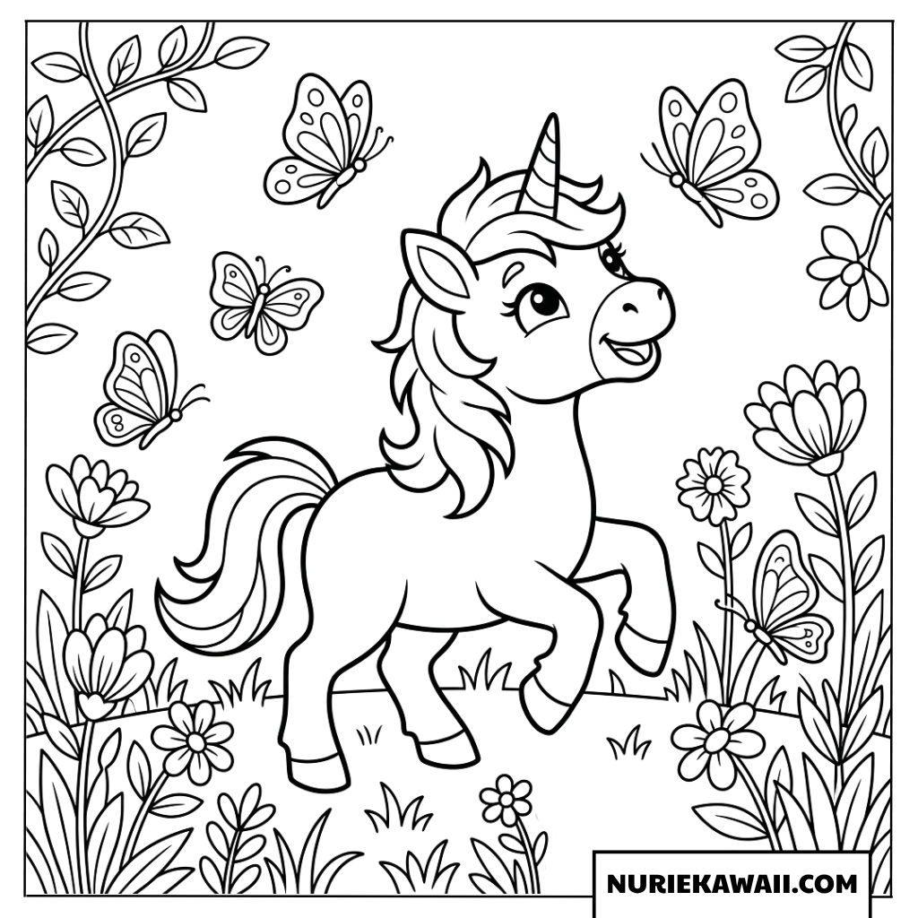ちょうちょと遊ぶ楽しそうな子ユニコーンの塗り絵