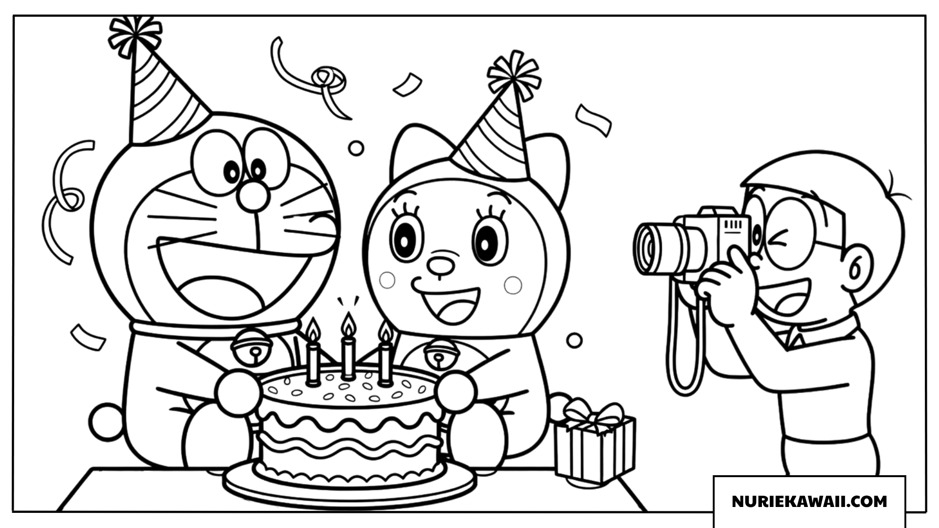 のび太が写真を撮る中でケーキを囲むドラえもんとドラミちゃんの塗り絵
