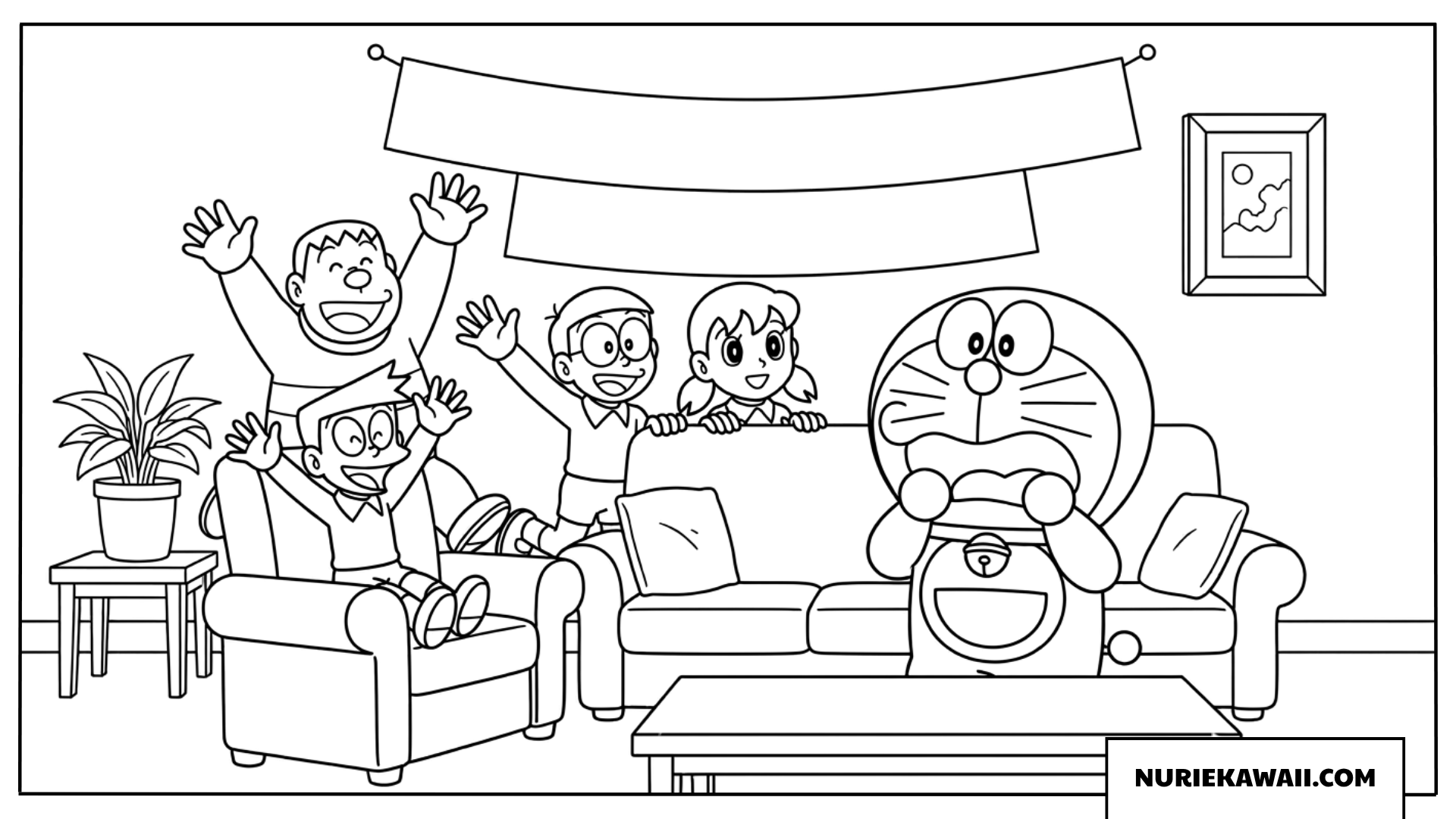 のび太たちが準備したサプライズパーティーに驚くドラえもんの塗り絵