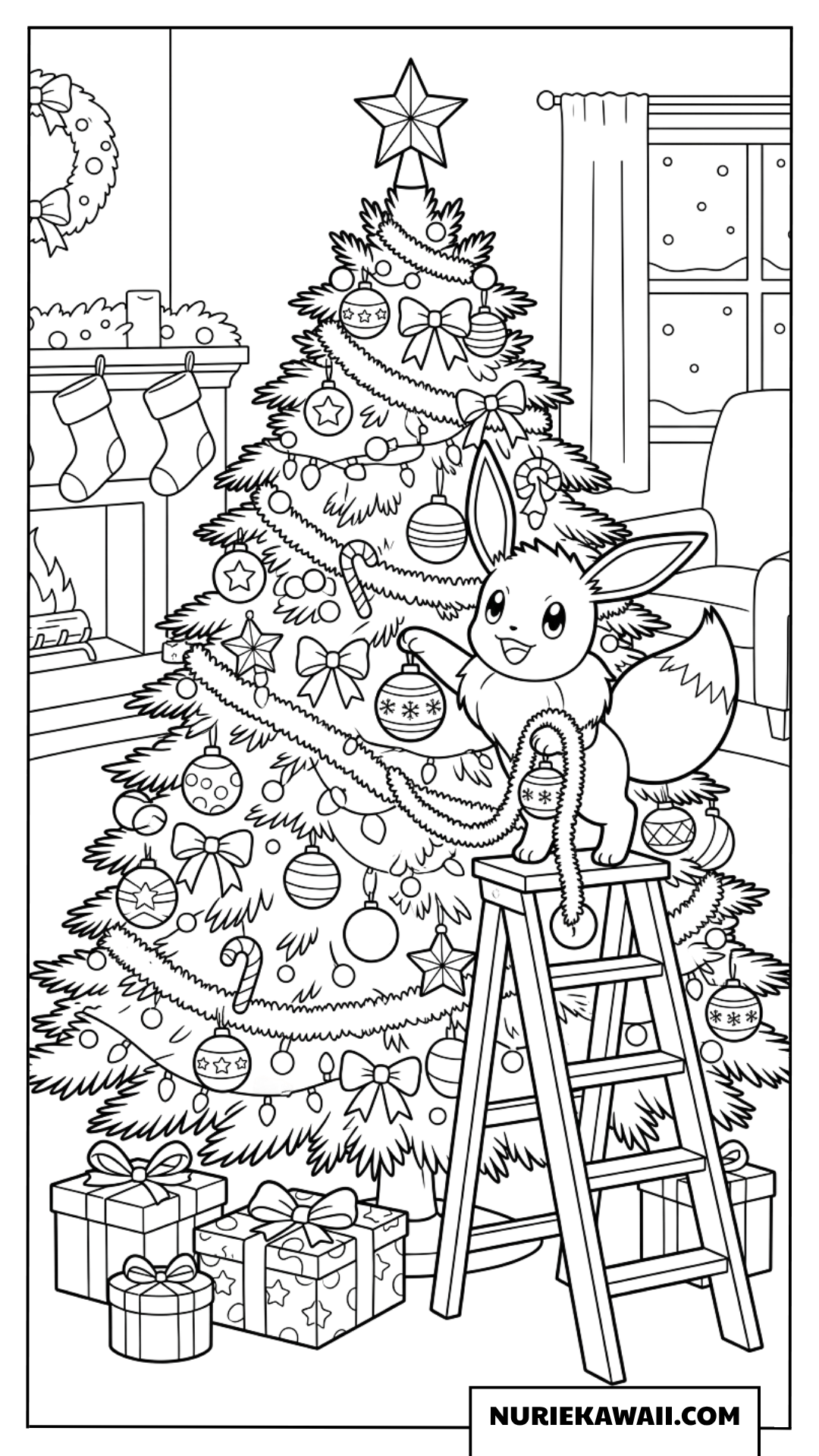 はしごに登ってクリスマスツリーを飾るイーブイの塗り絵