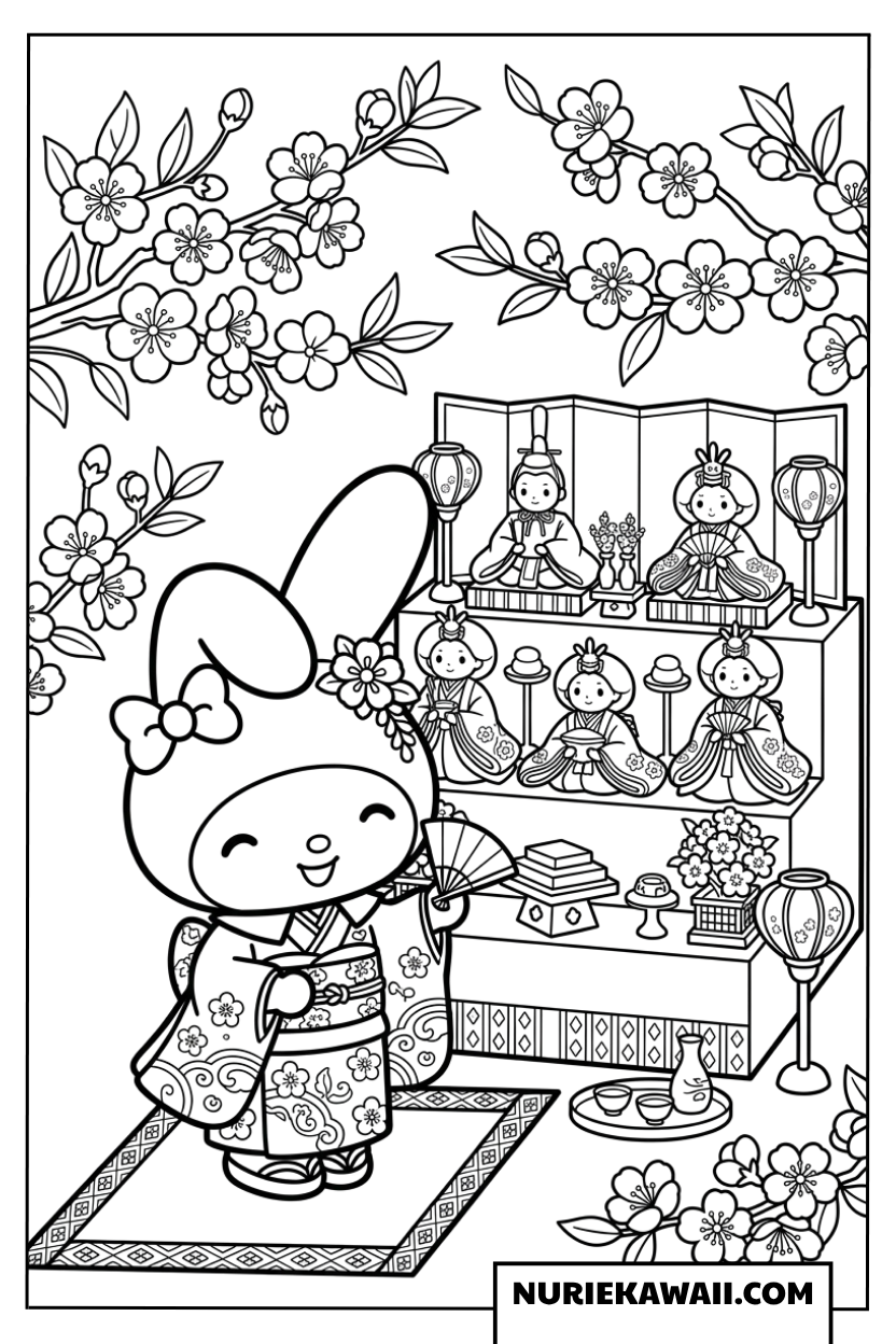 ひな祭りの豪華な雛壇と着物姿のマイメロディの塗り絵