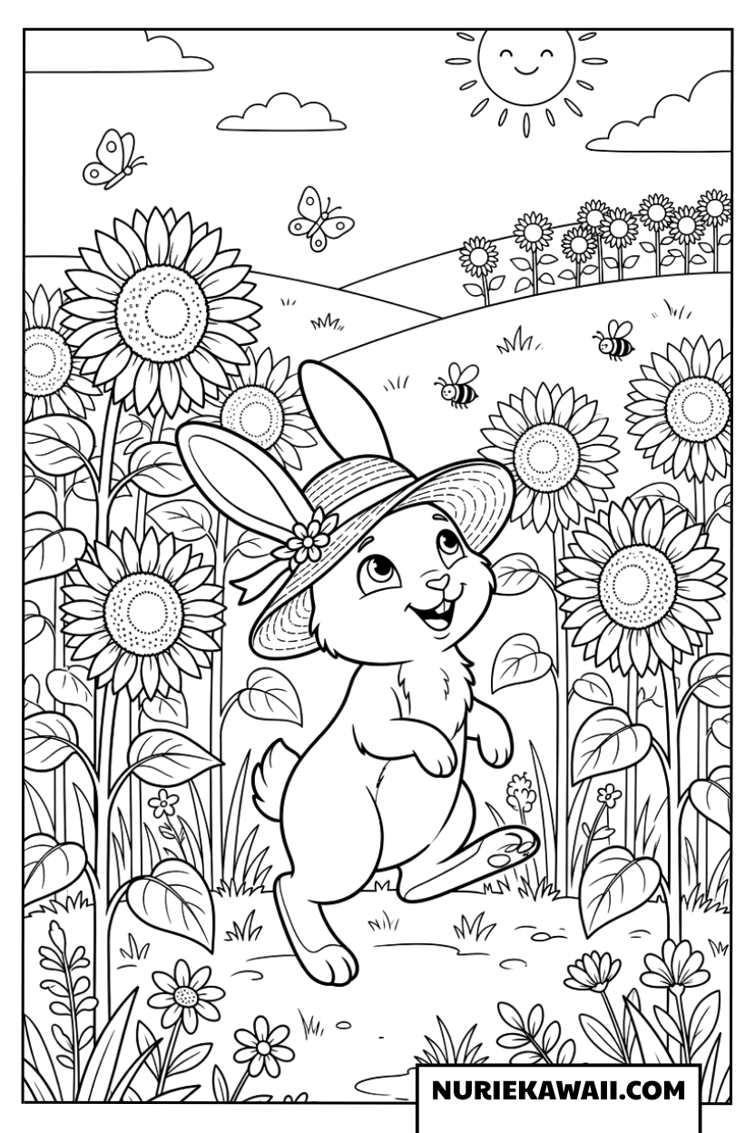 ひまわり畑と麦わら帽子のウサギの塗り絵