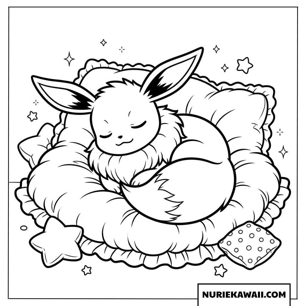 ふかふかのクッションで眠るイーブイの塗り絵