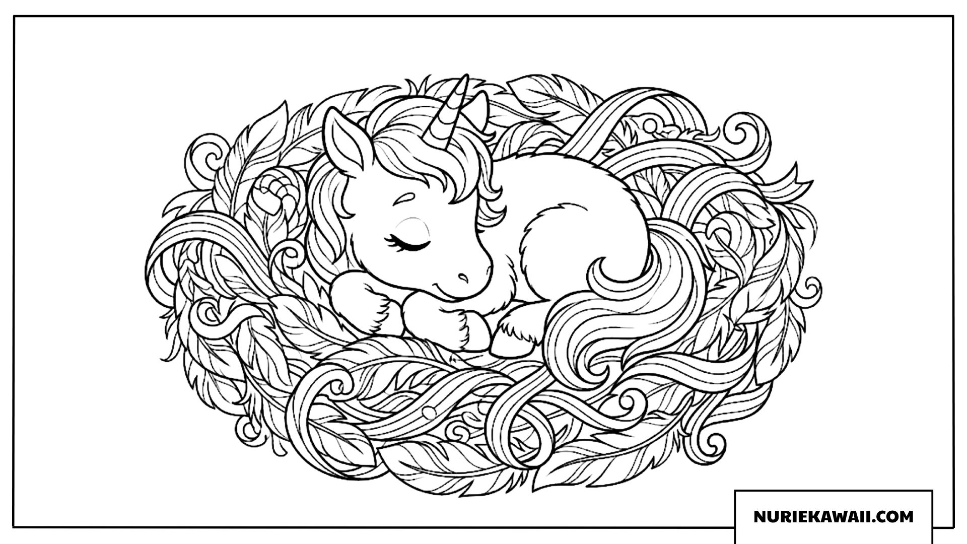 ふわふわの巣で眠る赤ちゃんユニコーンの塗り絵