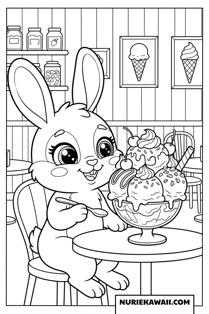 アイスクリームショップで大きなパフェを食べるウサギの塗り絵