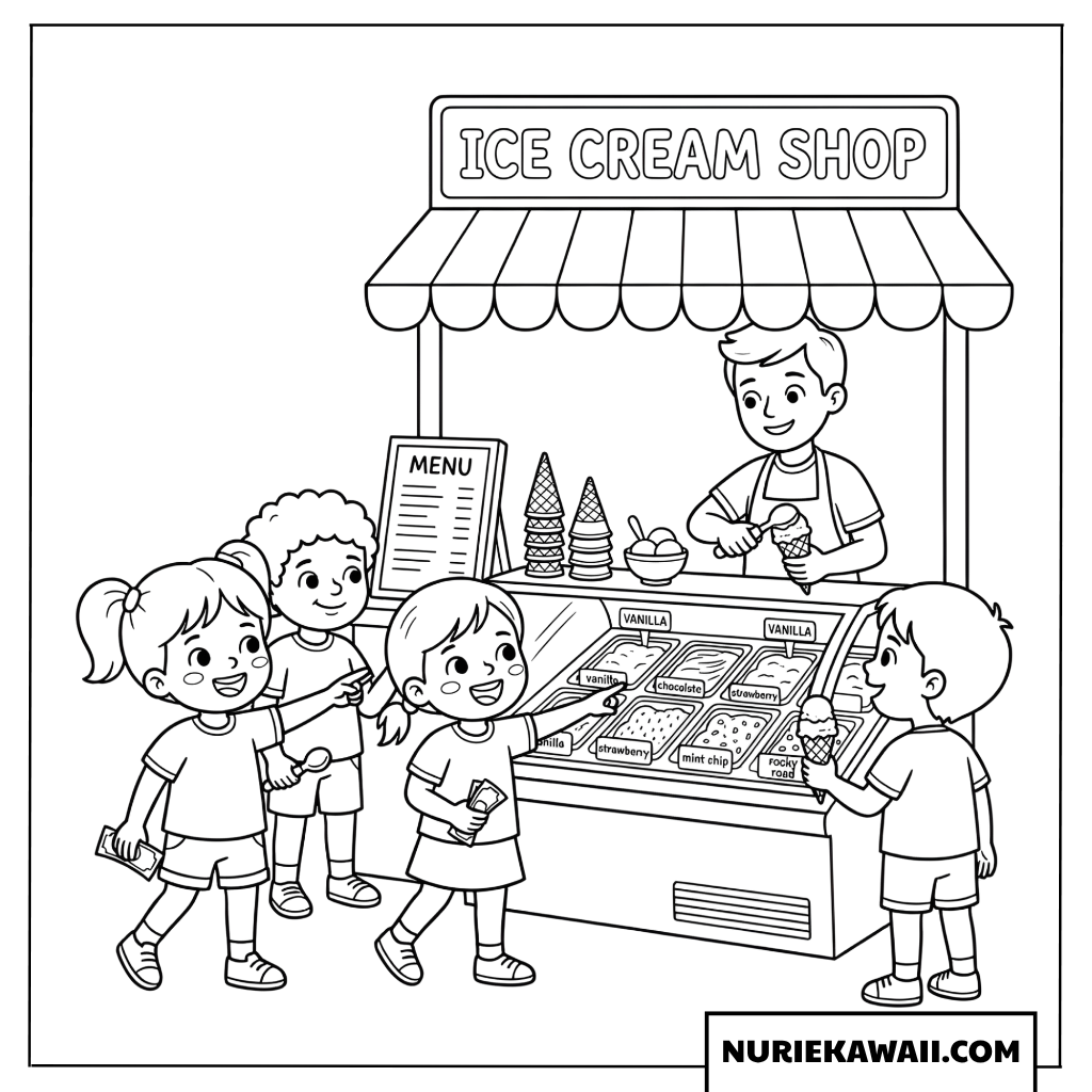 アイスクリーム屋さんで好きな味を選ぶ子供たちの塗り絵