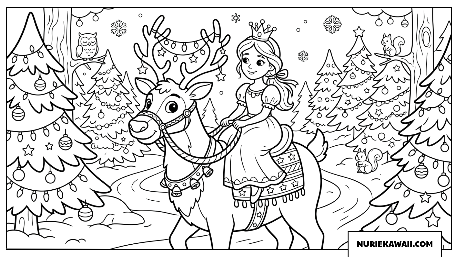 イルミネーションで飾られたトナカイに乗って雪の森を進む可愛いプリンセスの塗り絵