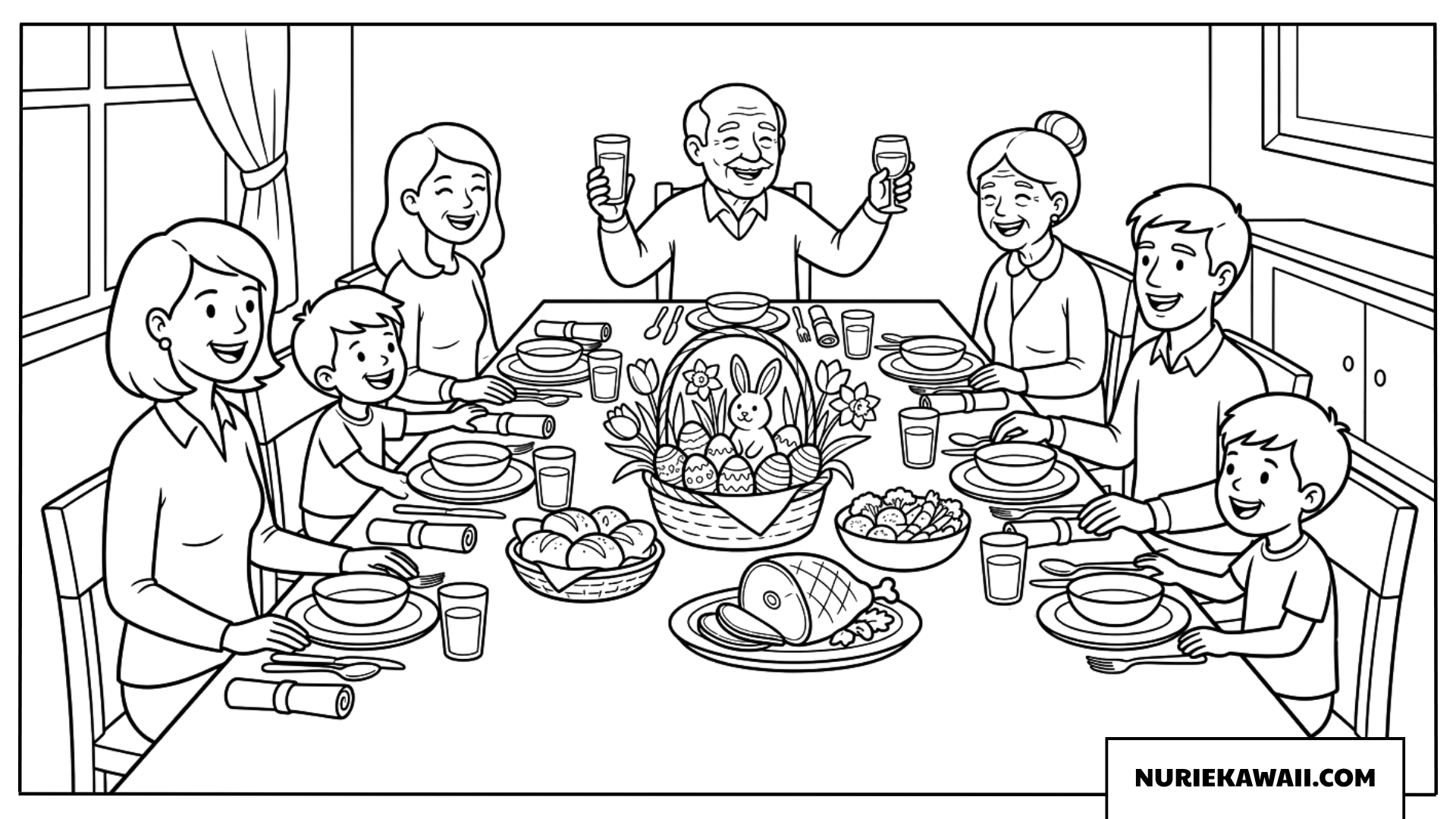 イースターのディナーを囲むにぎやかな大家族 塗り絵