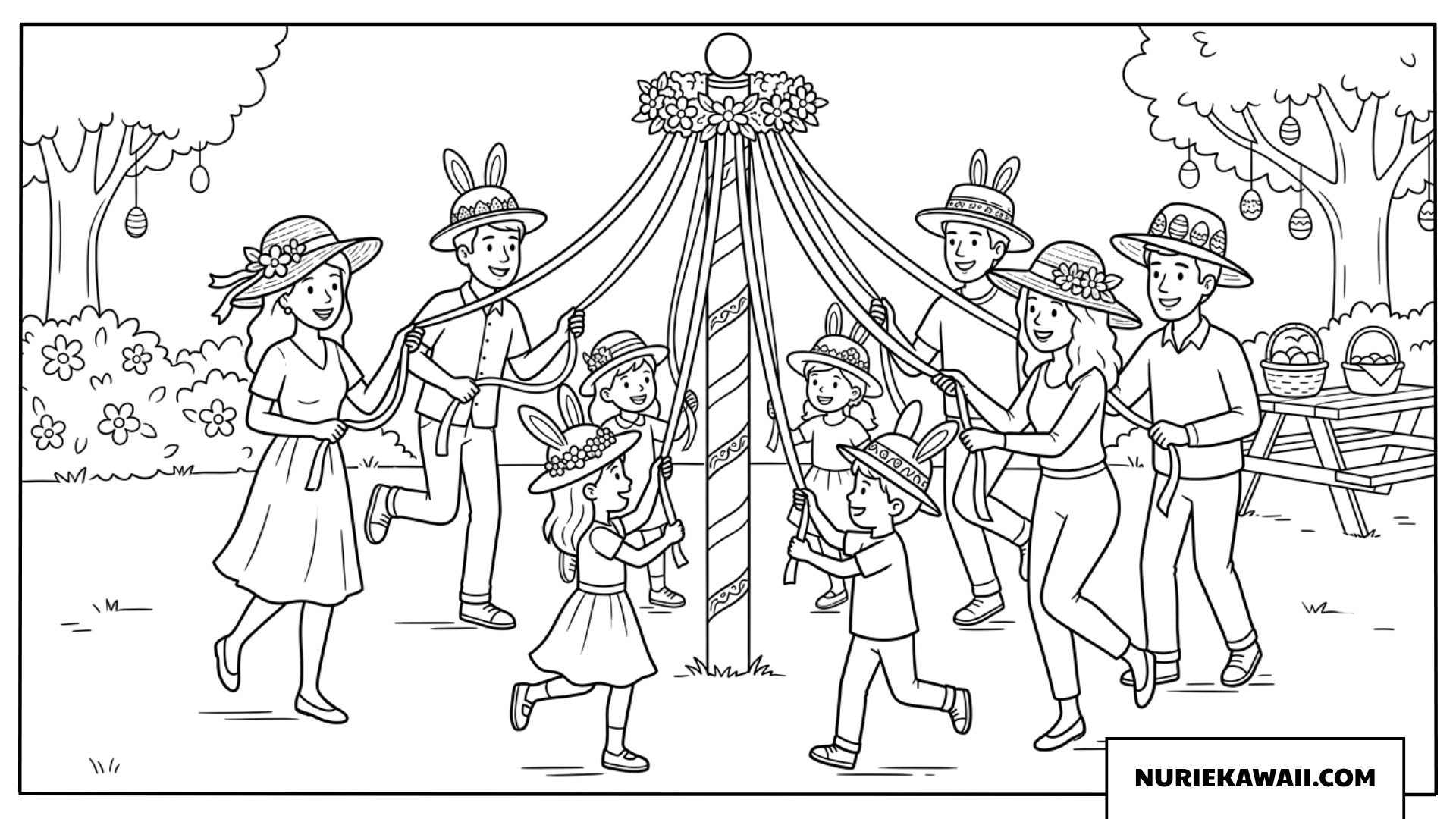 イースターのマイポールダンスを踊る人々 塗り絵